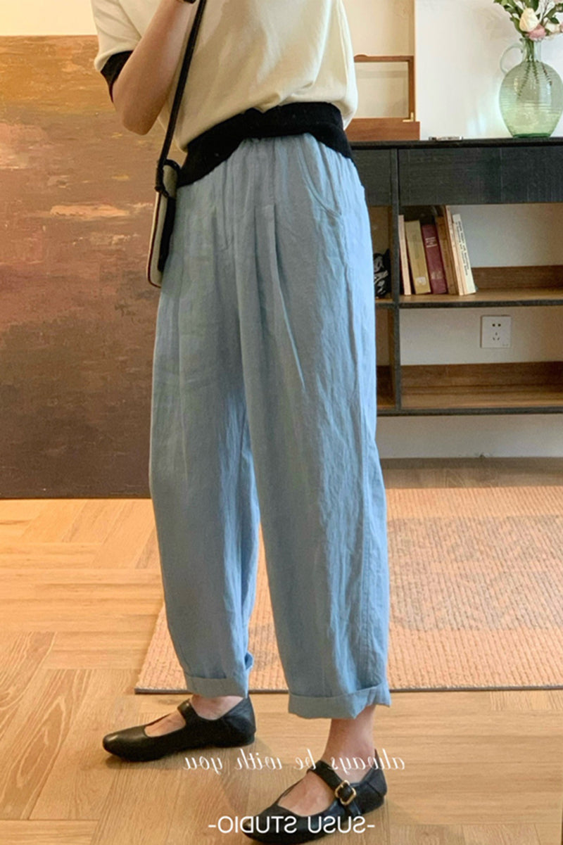 Pink casual linen cropped radish pants C3471