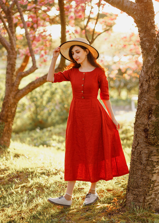 Red Linen Fit & Flare Midi Dress - Button Front, Half Sleeves c2885