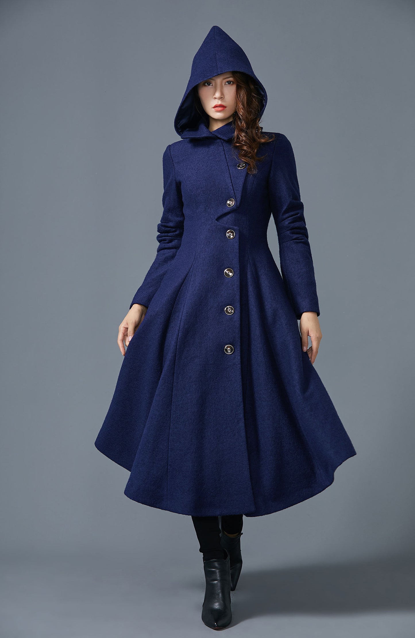 Handmade Hooded Maxi Asymmetrical Wool Coat Women C4402
