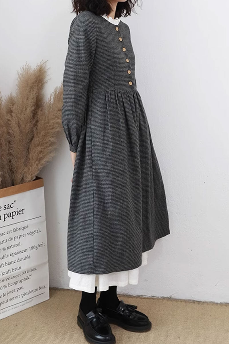Grey pleated winter wool dress women C3647