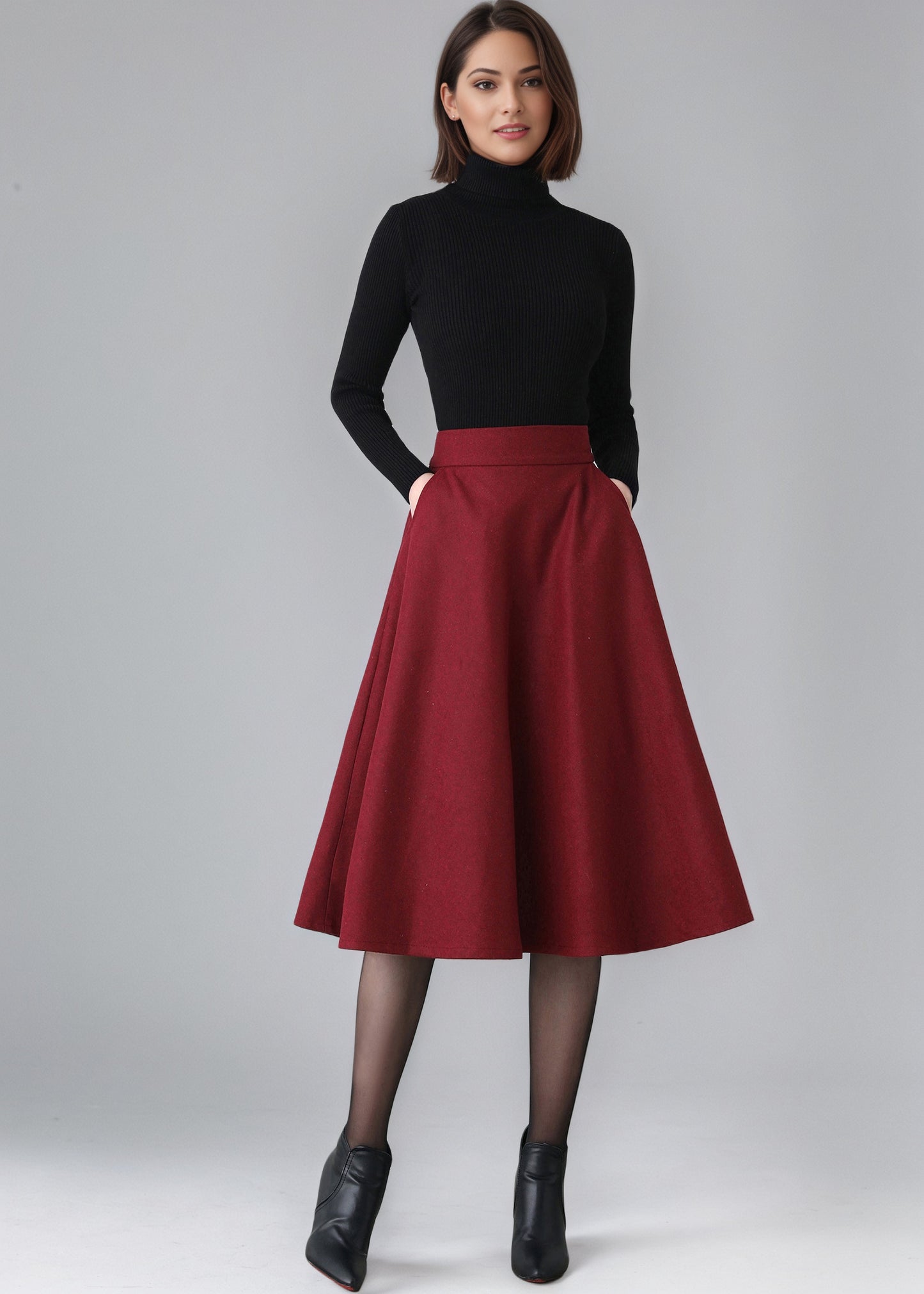 Midi High Waist Wool Skirt With Pocket C5155