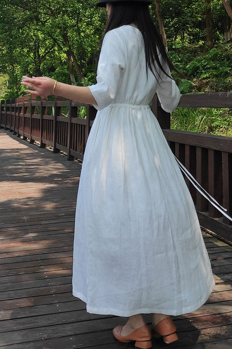 White Loose long linen dress women c3876