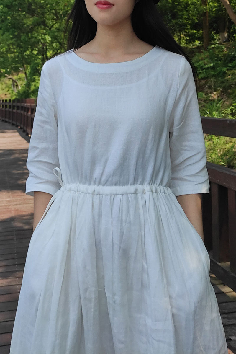 White Loose long linen dress women c3876