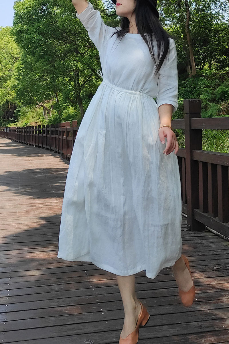 White Loose long linen dress women c3876
