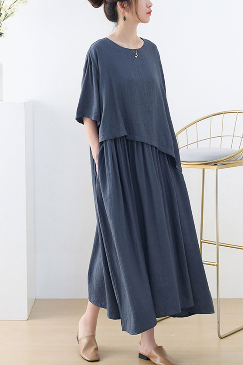 Midi blue linen dress women c3874