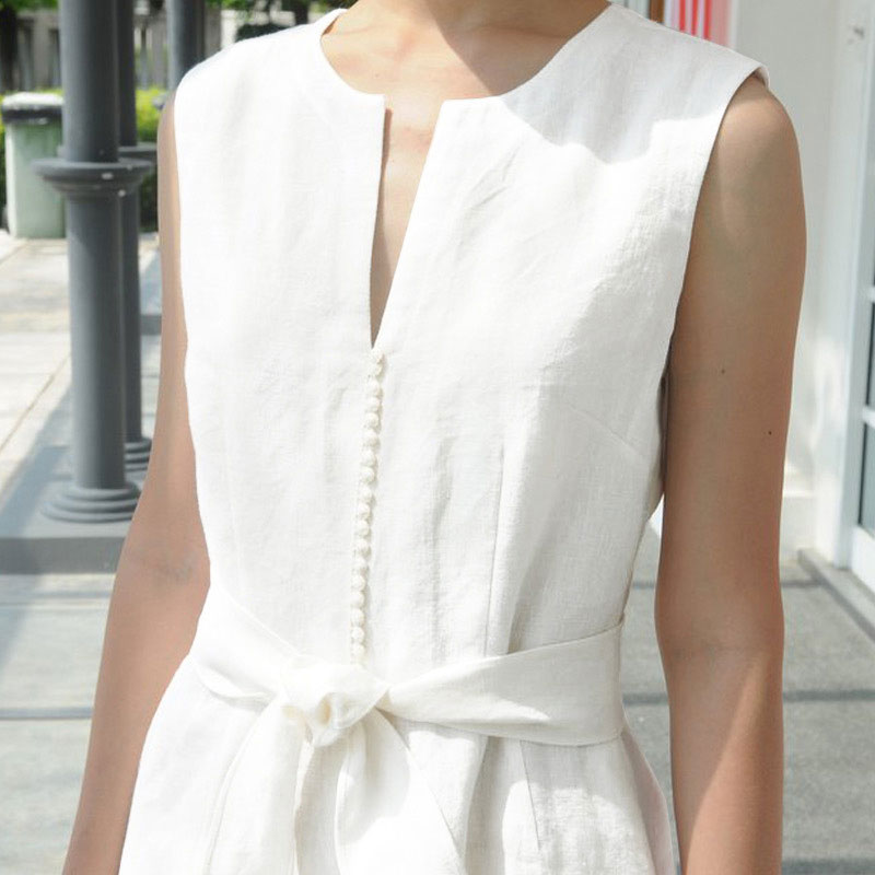 White Sleeveless Linen Dress women c3879