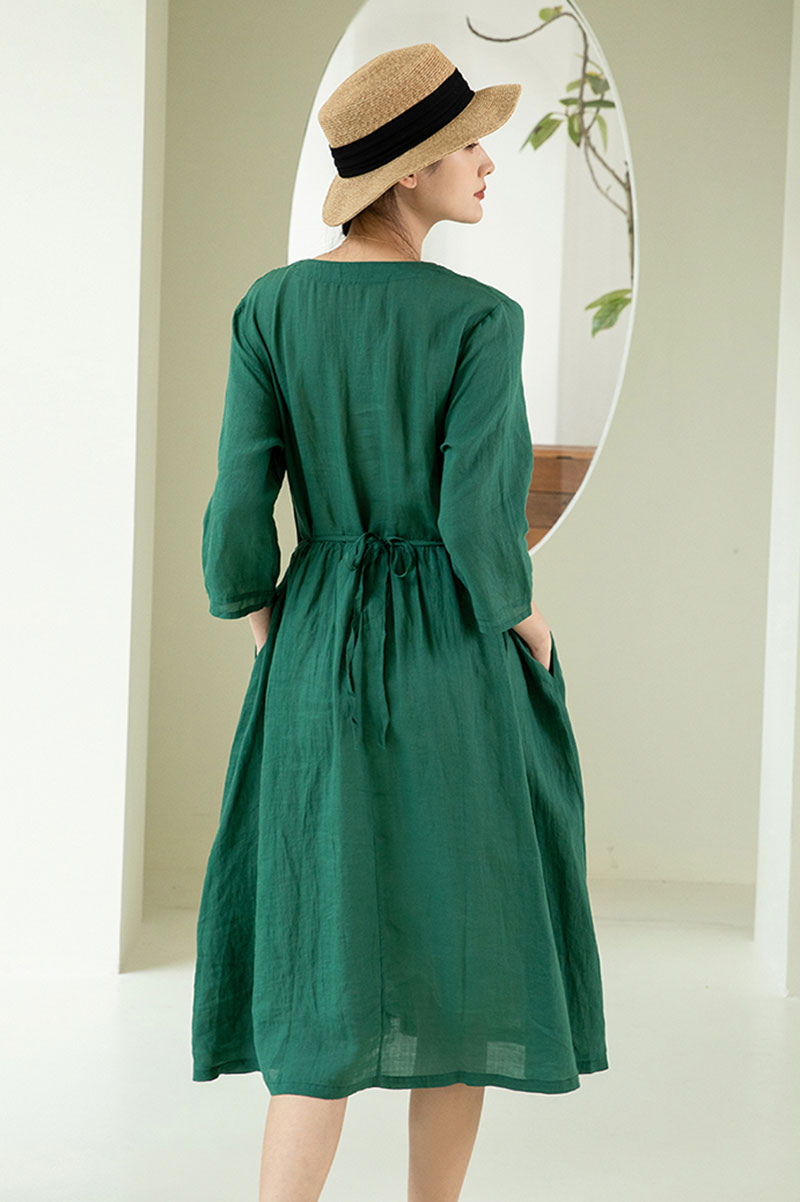 Green Linen Midi Dress - Pleated Detail with Half Sleeves c3873