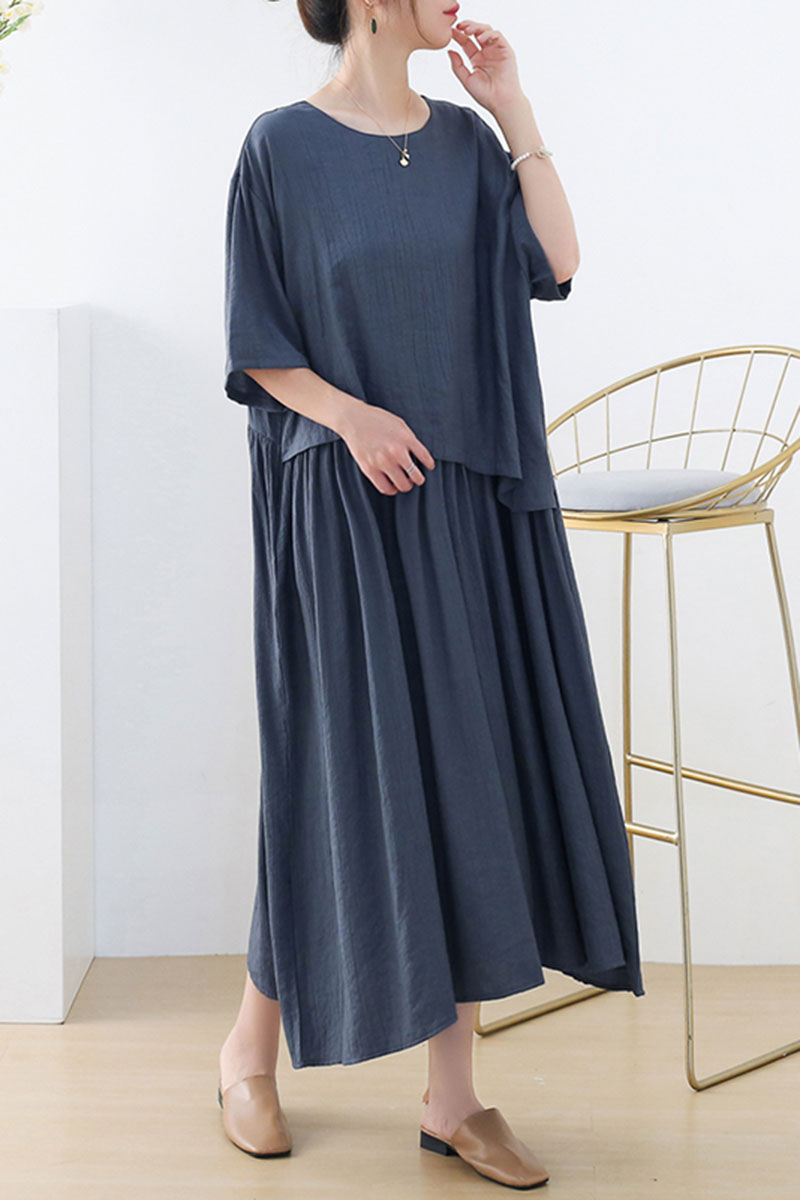 Midi blue linen dress women c3874