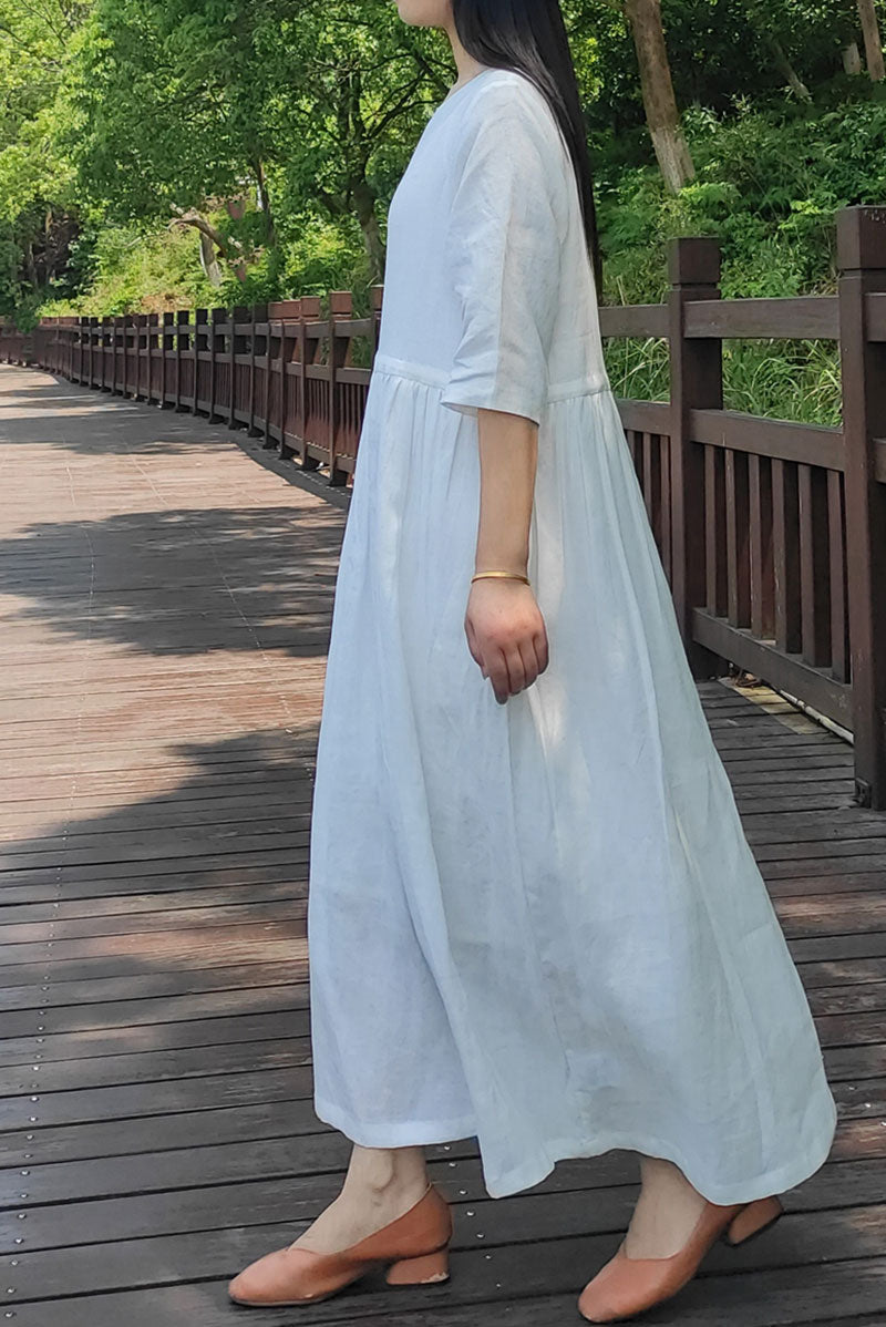 White Loose long linen dress women c3876