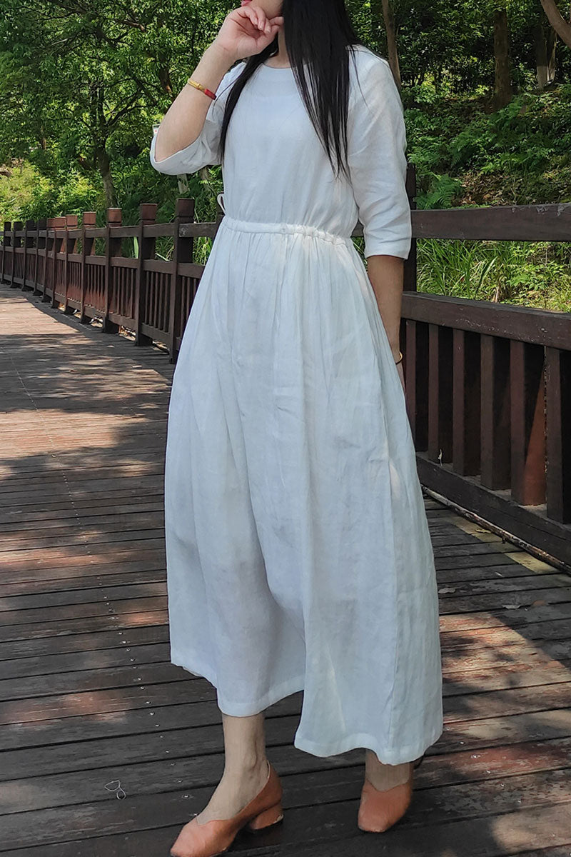White Linen Maxi Dress - Loose Fit with Pleated Detail c3876