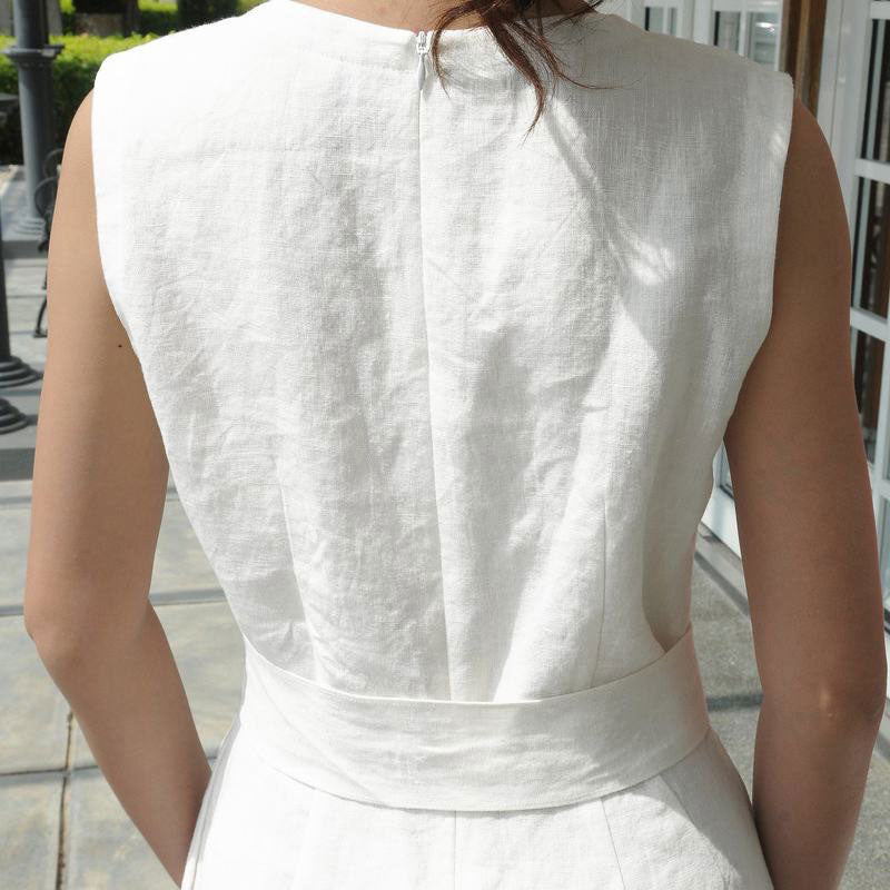 White Sleeveless Linen Dress women c3879