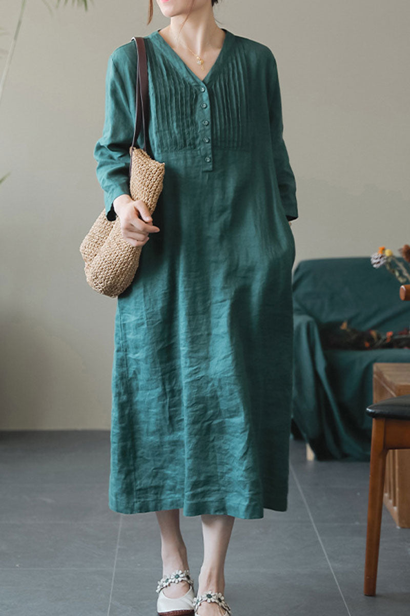 White Linen Maxi Dress - Loose Fit with Pleated Detail c3878