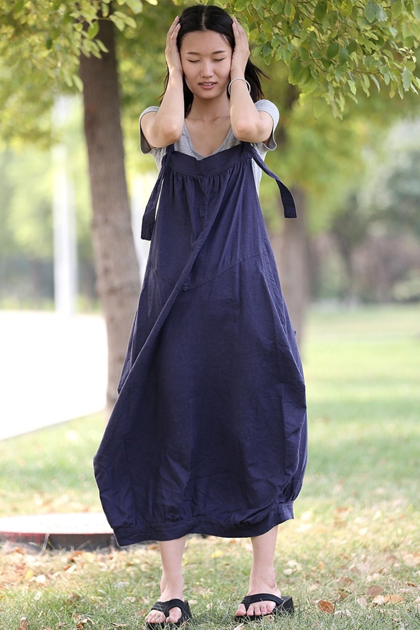 Linen Pinafore Blue Suspender Dress C278