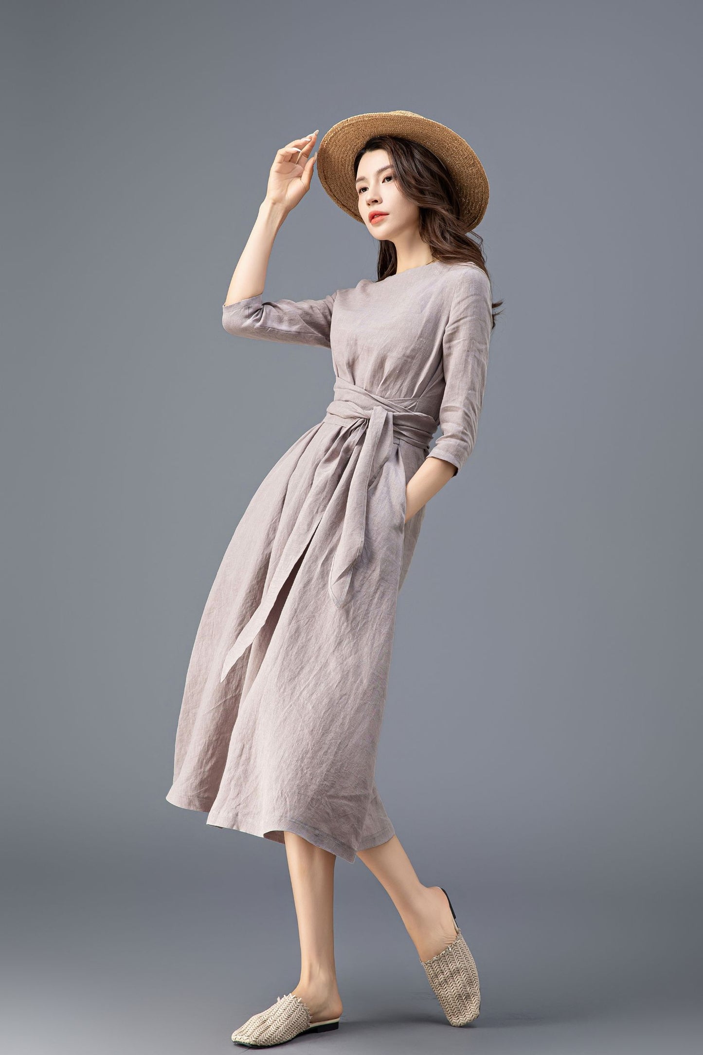 Women's Grey Linen belted Dress C3915