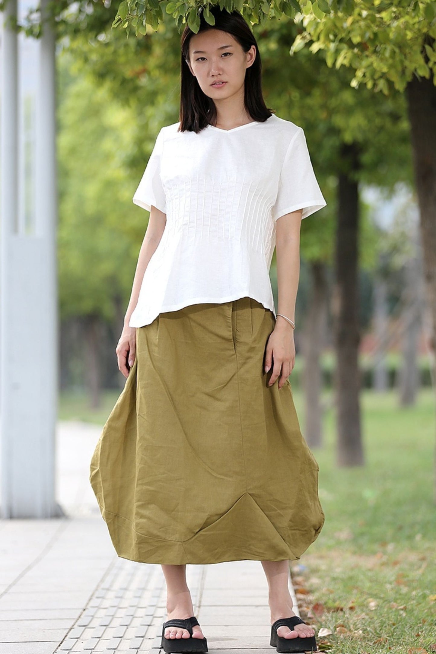 Linen Maxi Skirt - Flower Bud Shape Romantic Feminine Trending Womens Skirt C287