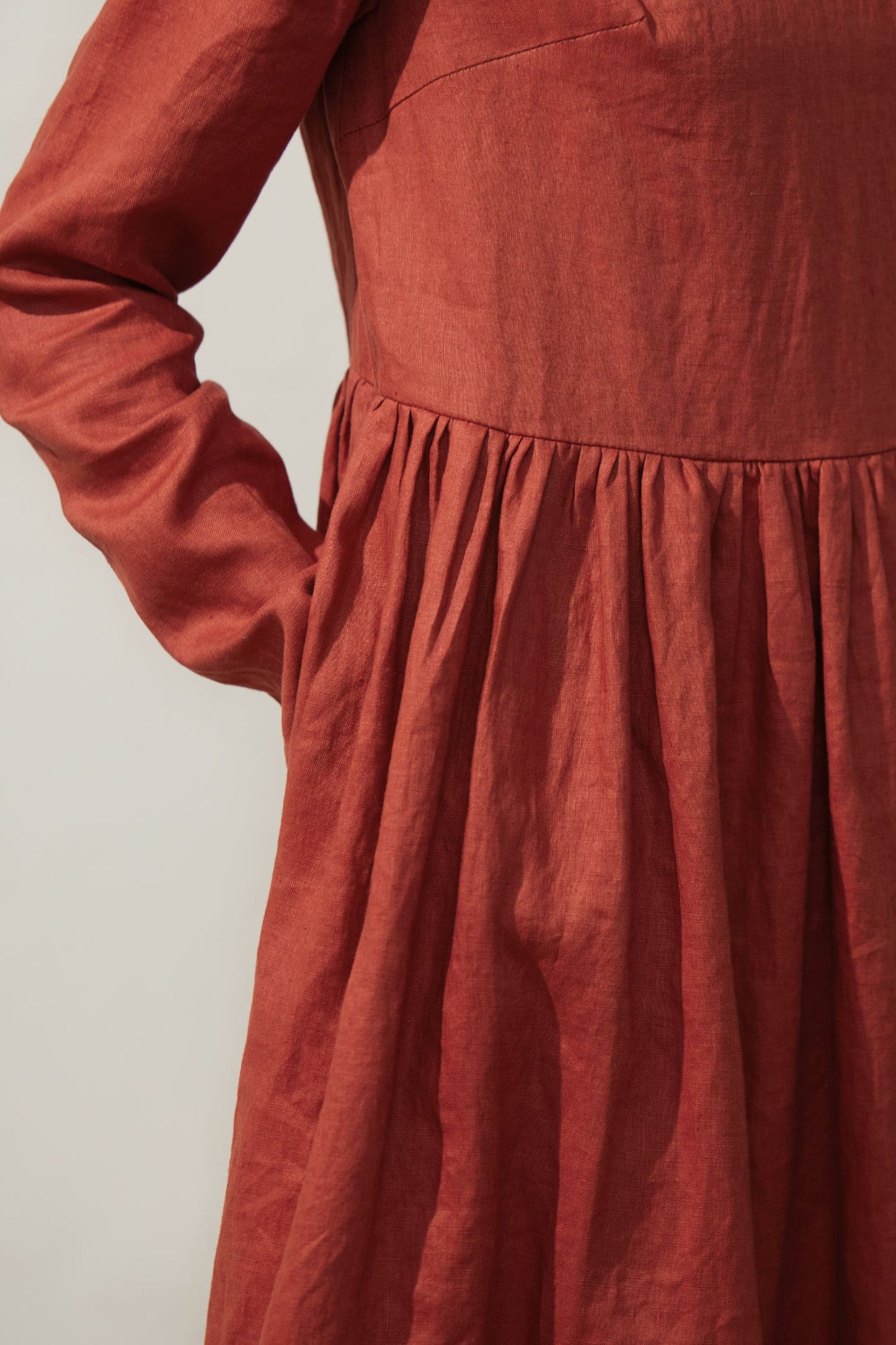 Orange Linen Midi Dress - Pleated, Loose Fit C3924