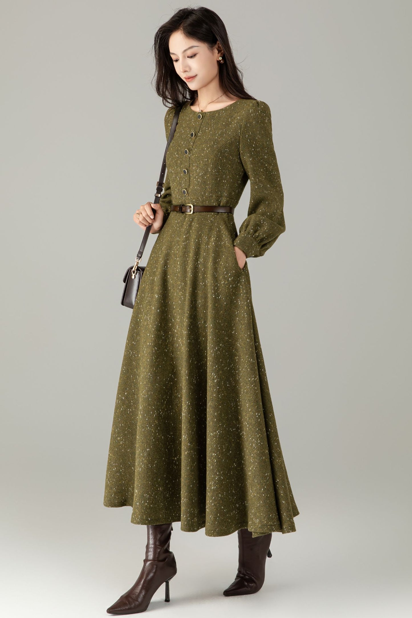 Olive Tweed Wool Maxi Dress — Vintage Button‑Front A‑Line with Pockets C5243