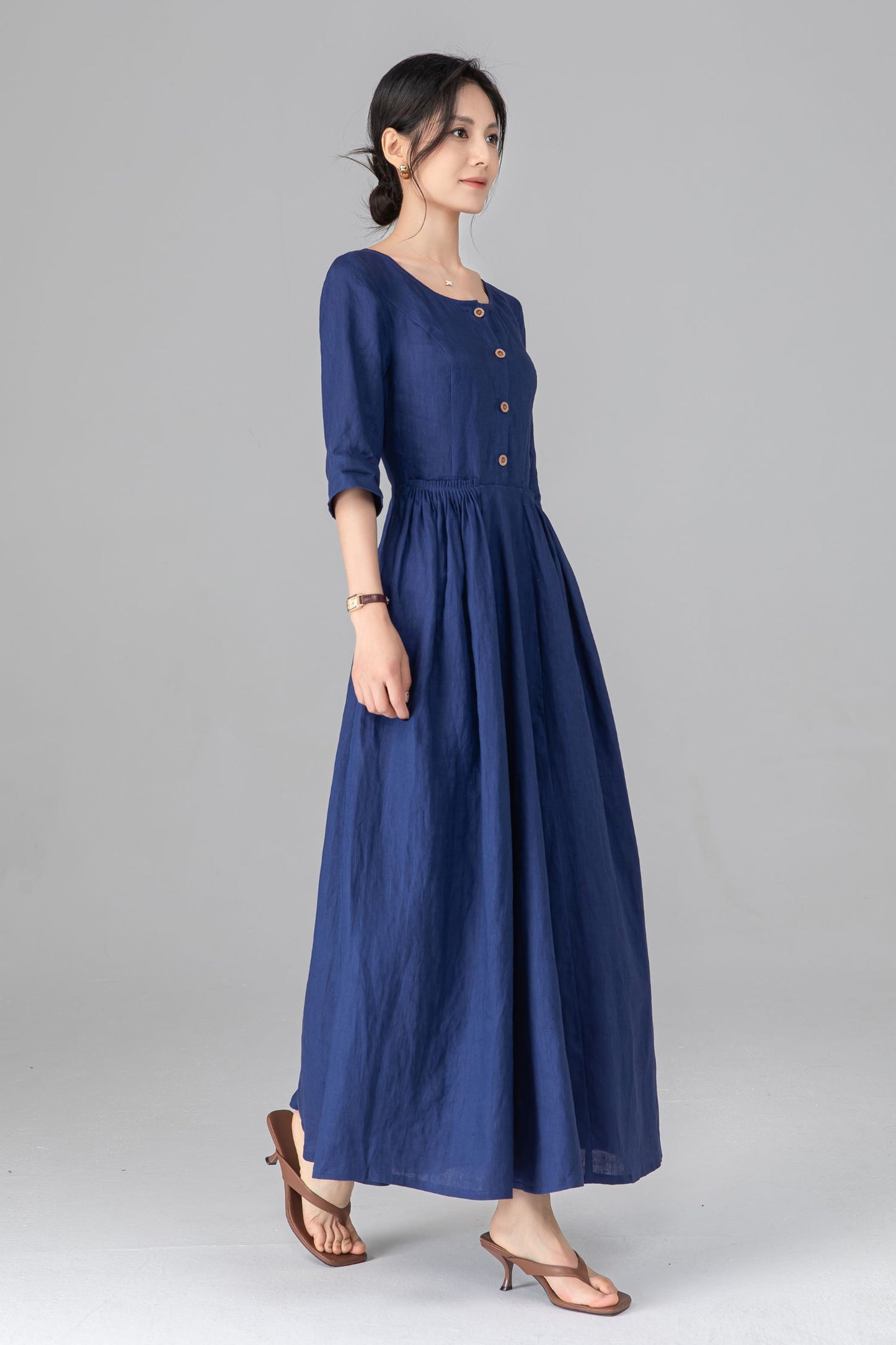 Blue Linen Maxi Dress - Pleated Waist & Button Front | Ylistyle C5514