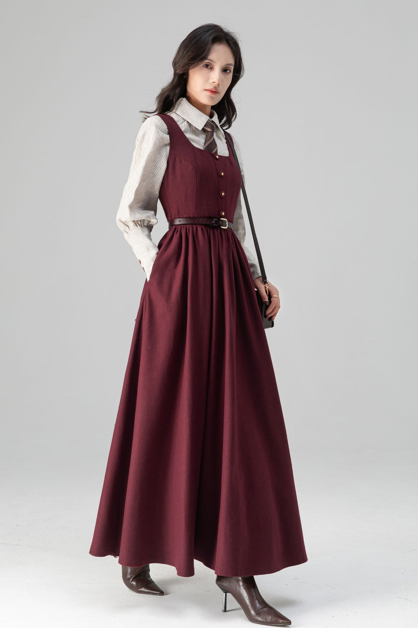Dark Red Women's Pinafore Wool Dress C5205