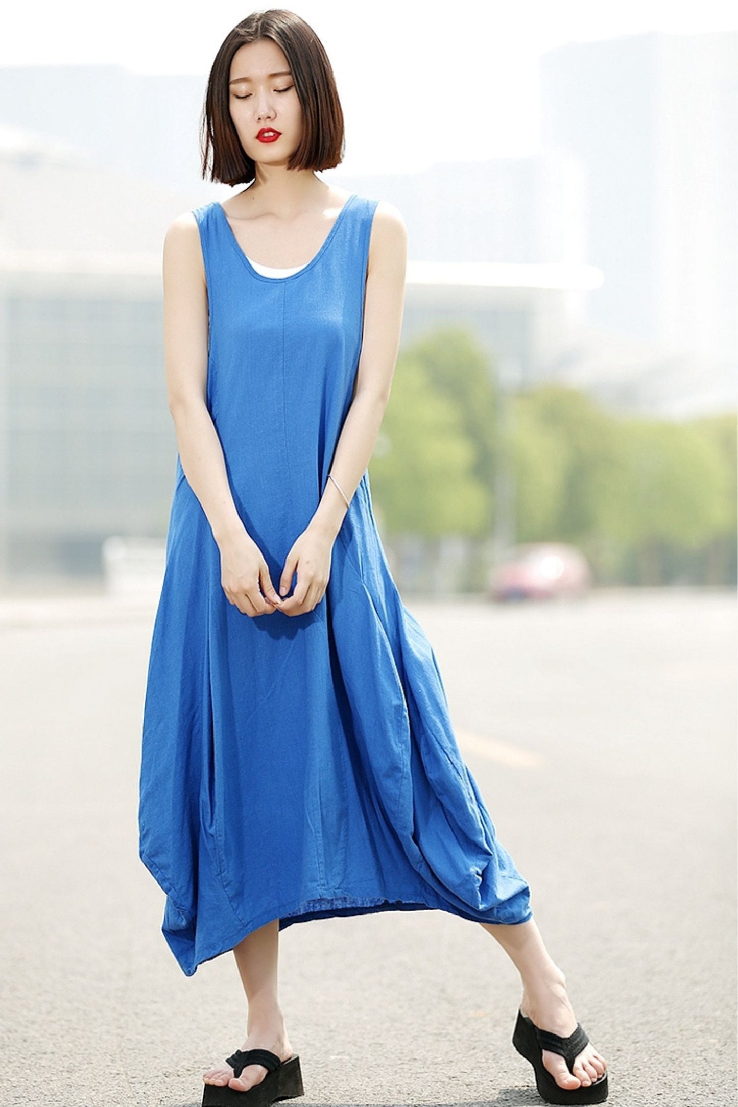 Linen long vest sleeveless dress C355
