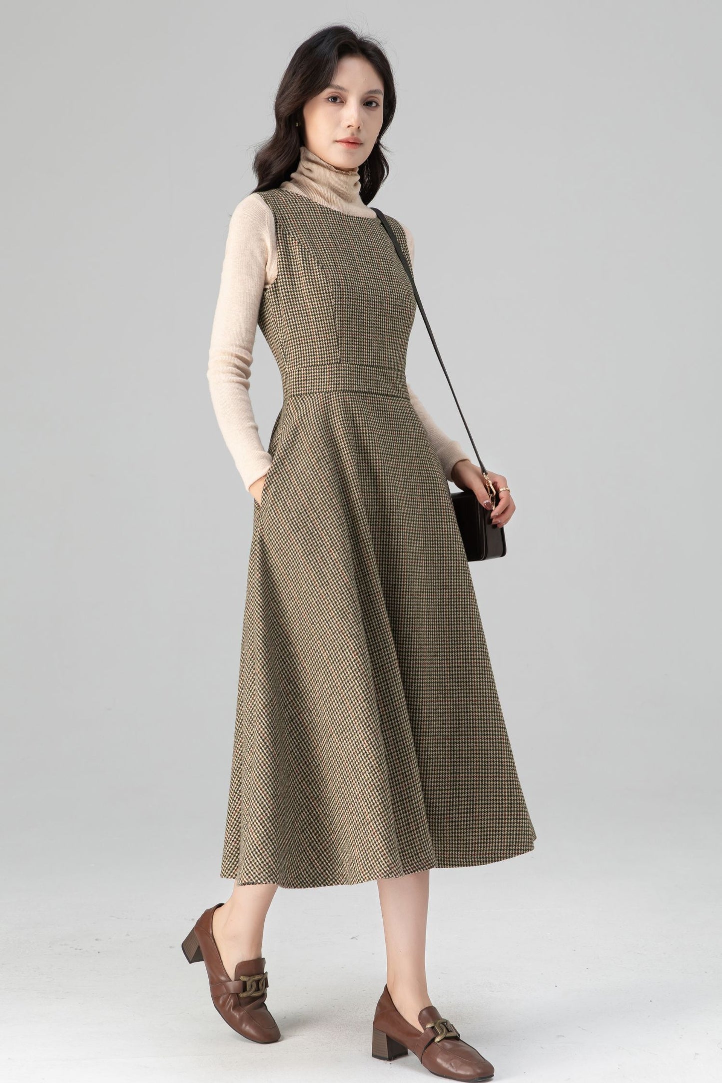 Autumn-Winter Plaid Sleeveless Midi Wool Dress C5206
