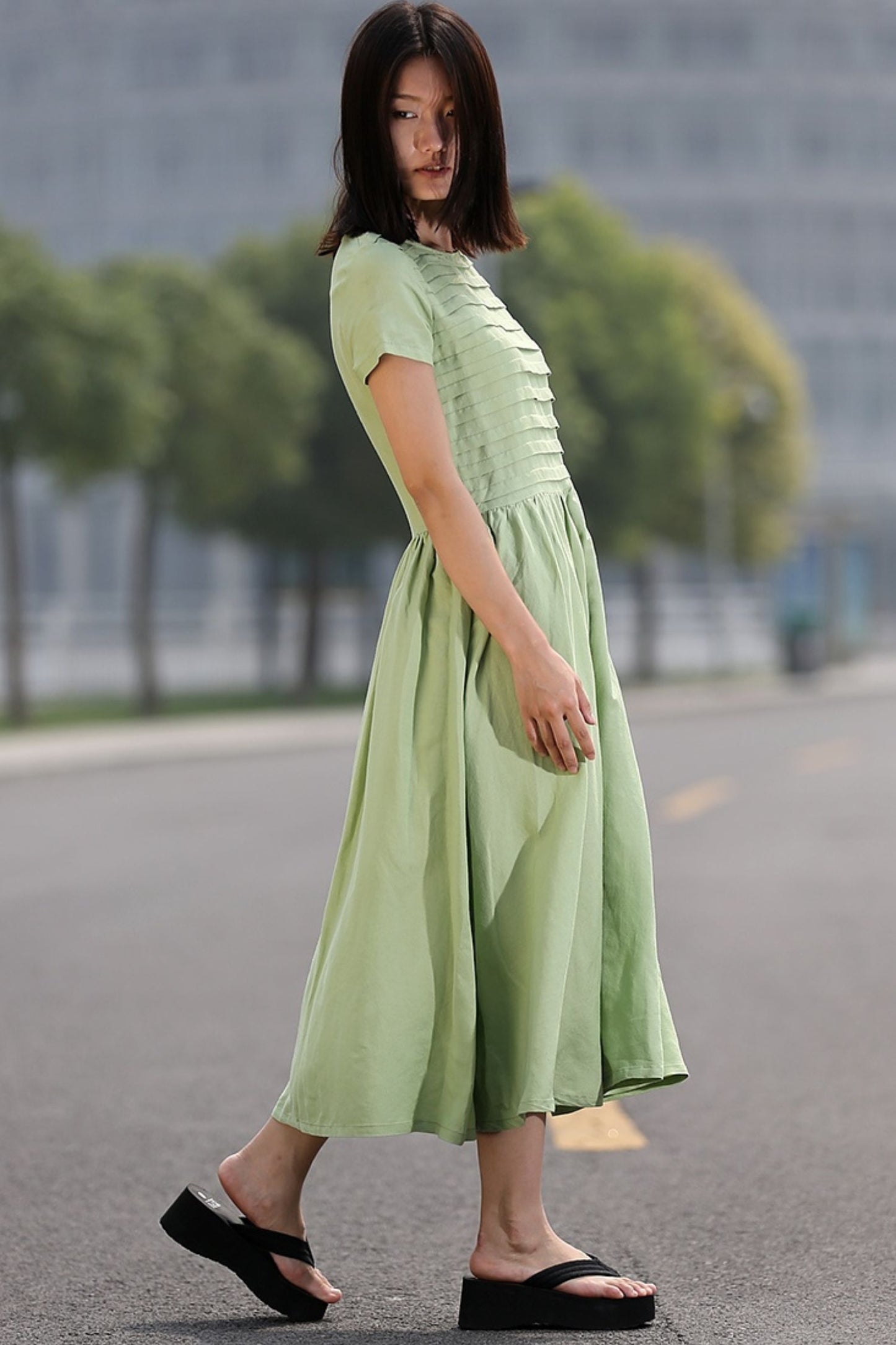 Light Green Linen Cotton Dress - Loose Fit A-Line with Short Sleeves C258