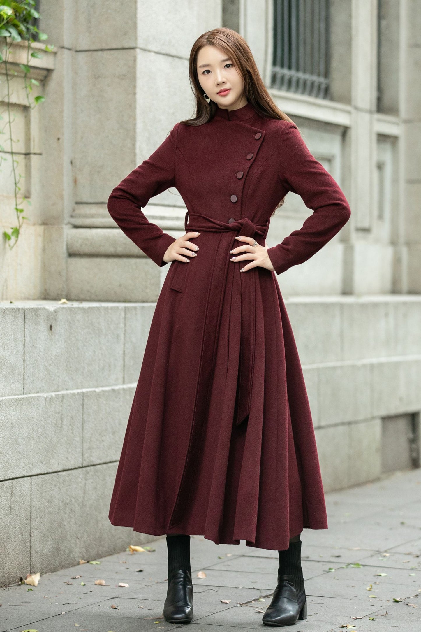 Burgundy long winter wool coat C4502