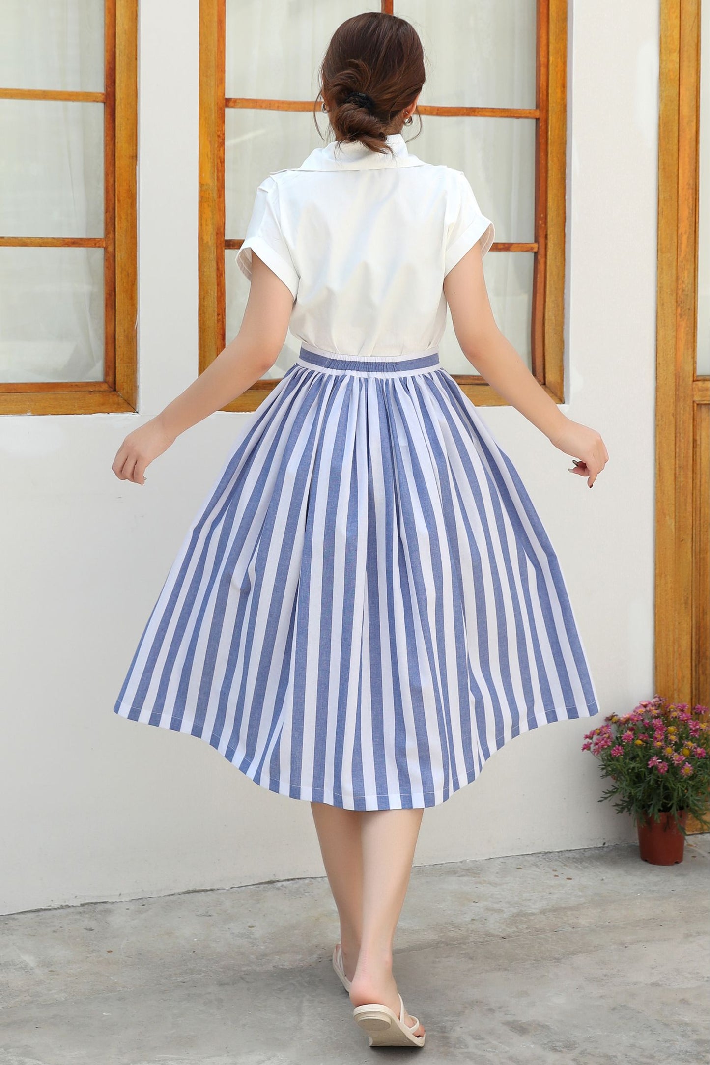 Striped linen Midi A-Line Skirt c4840