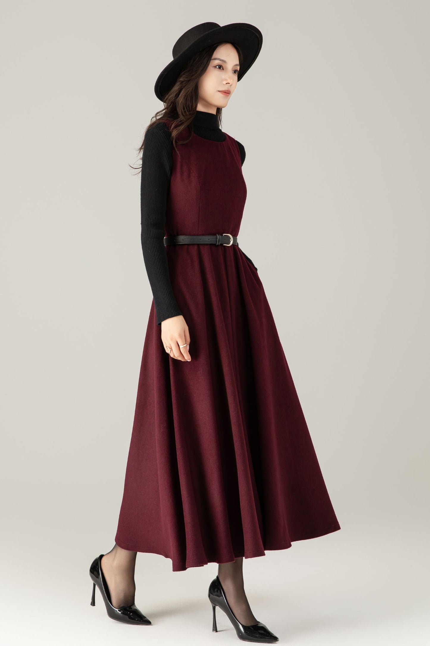 Burgundy Wool maxi Dress: Sleeveless A-Line Swing Jumper, Ylistyle C5239
