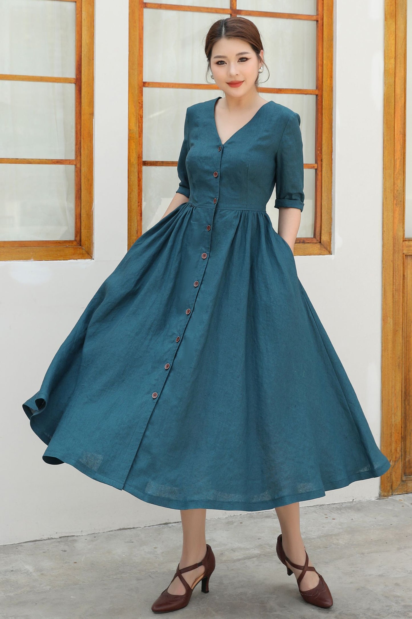 Button Front linen Midi dress c4839