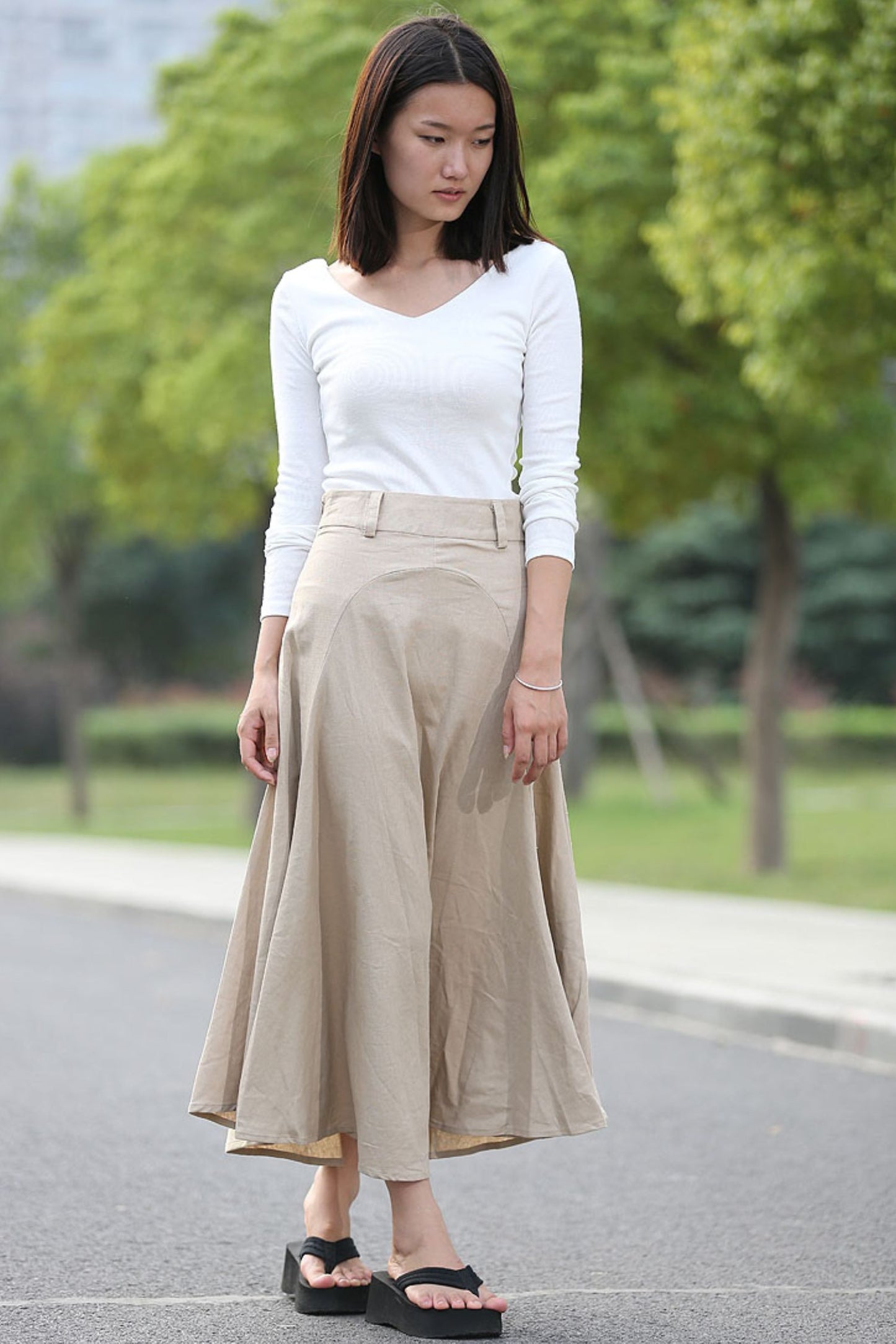 Beige Linen Skirt - Modern Casual Everyday Flattering Slim-Fitted Calf Length Versatile Woman's Skirt C290