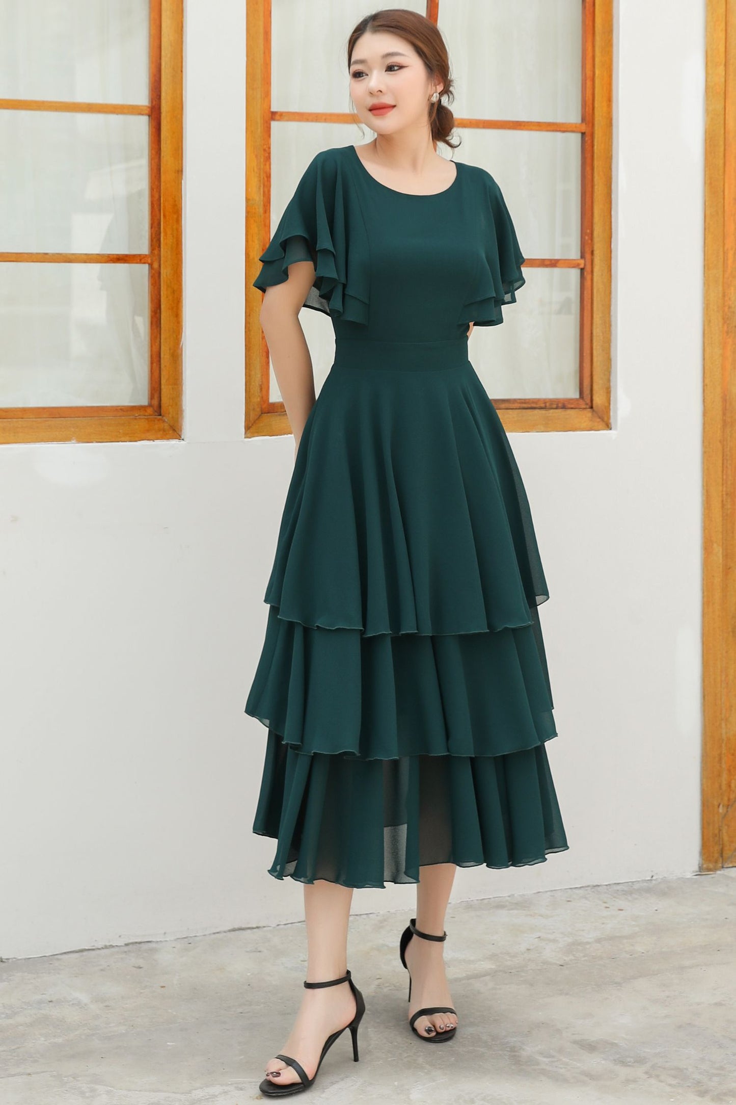 Green ruffle chiffon dress women C4832