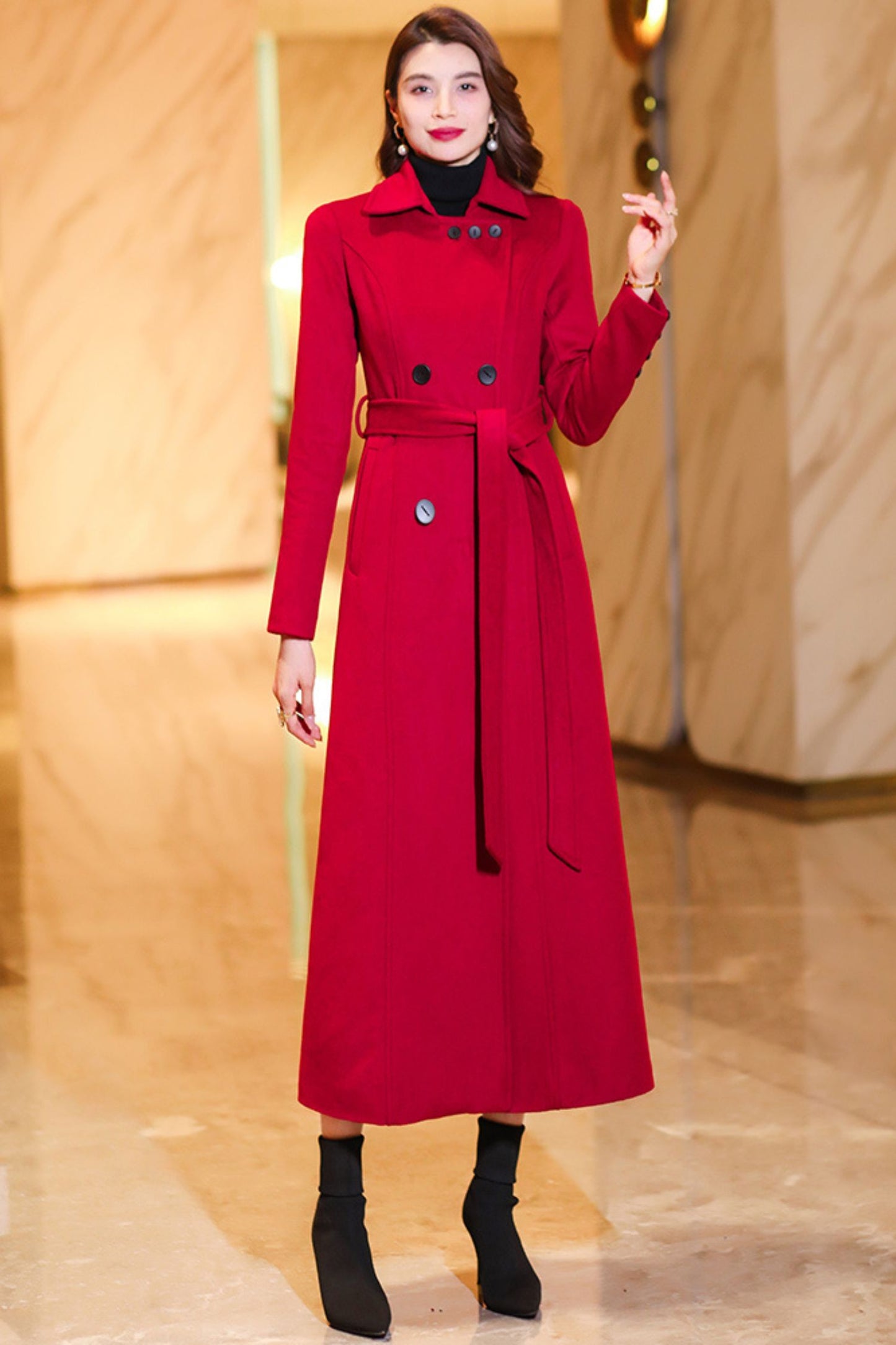 Women's Medium-length Red wool coat C3774