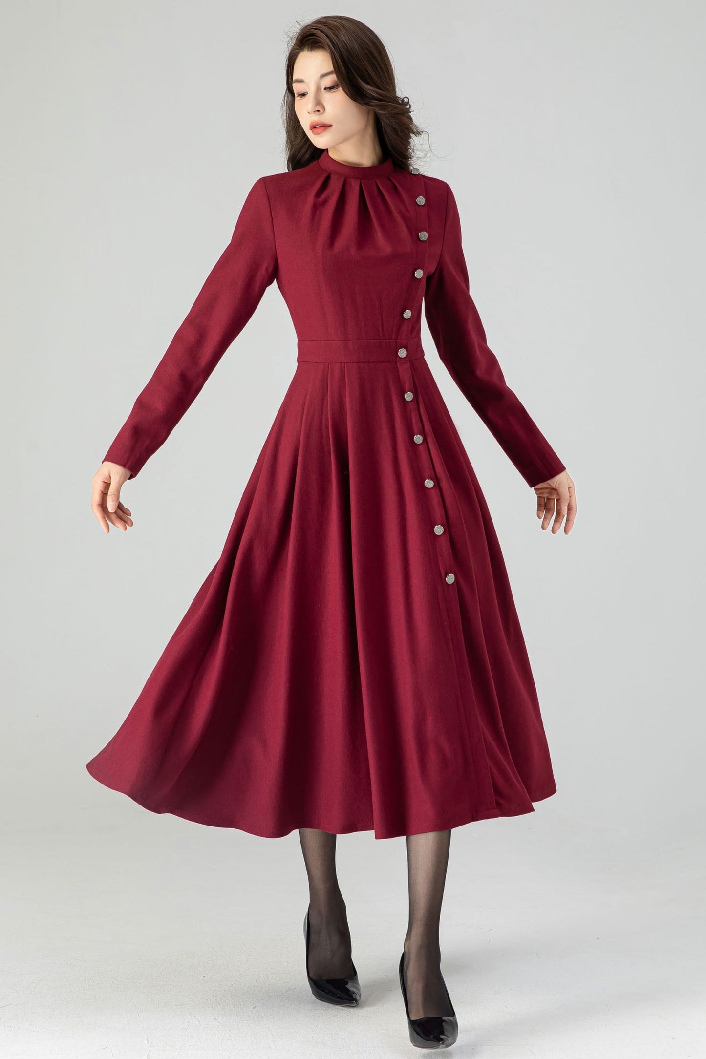 Autumn Midi Wool Burgundy Dress C3609-Size XS US2 #CK2301031