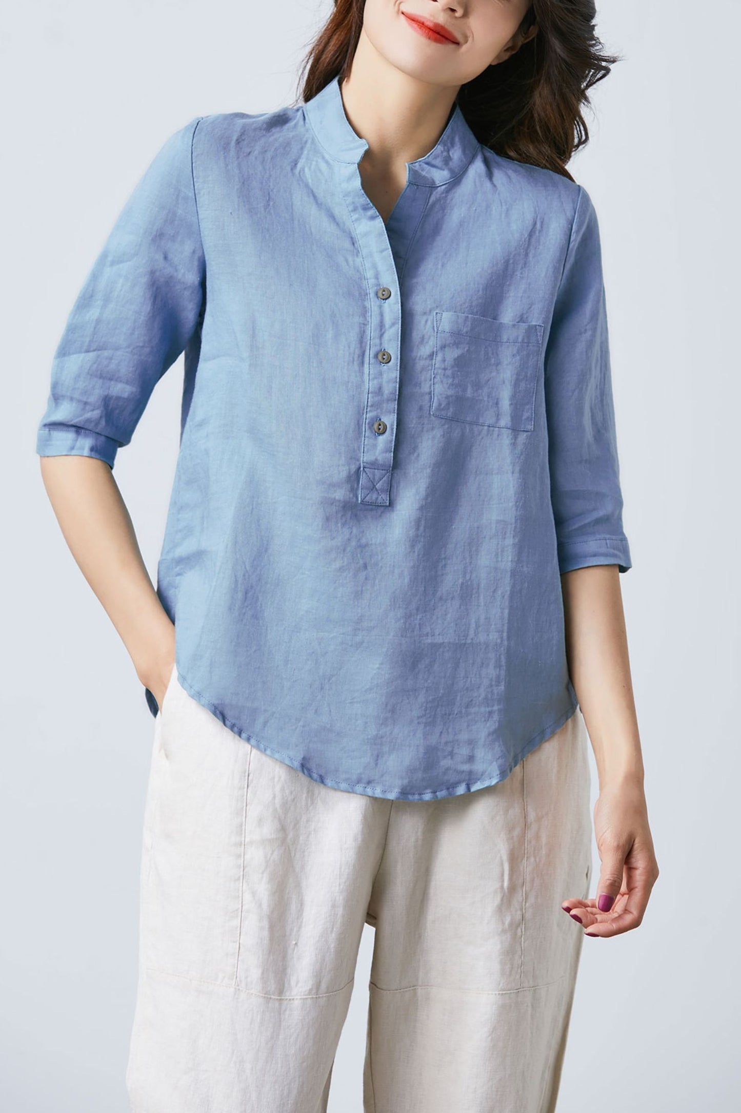 Blue linen top for women C1684
