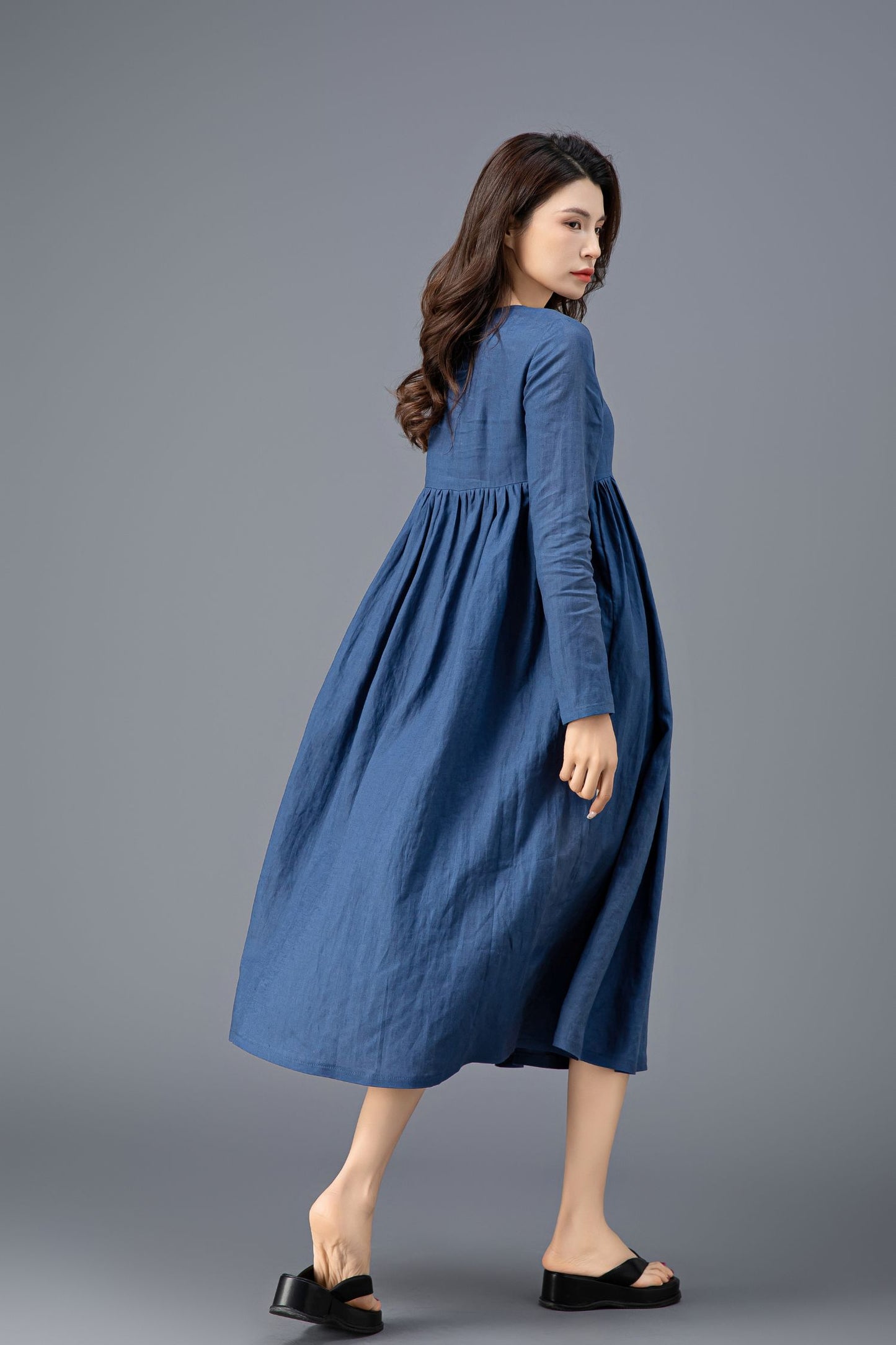 Long Sleeve Blue Linen Dress C3910