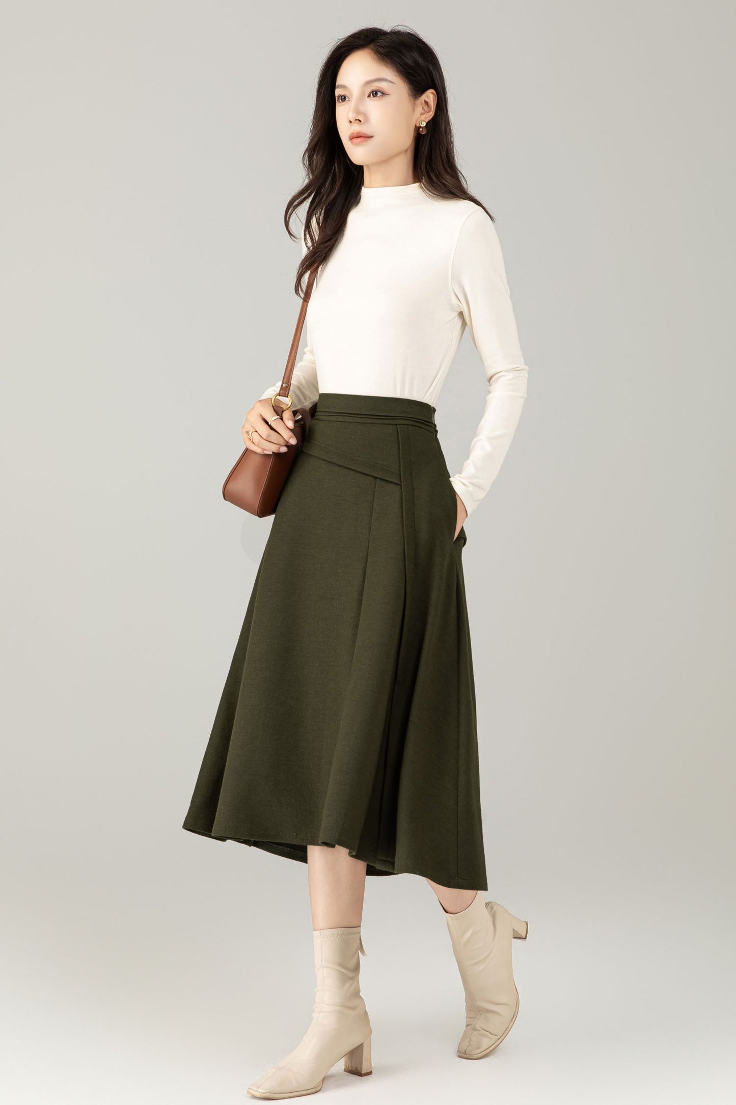 Green Wool Midi Skirt – A-Line Skirt with Pockets C5238