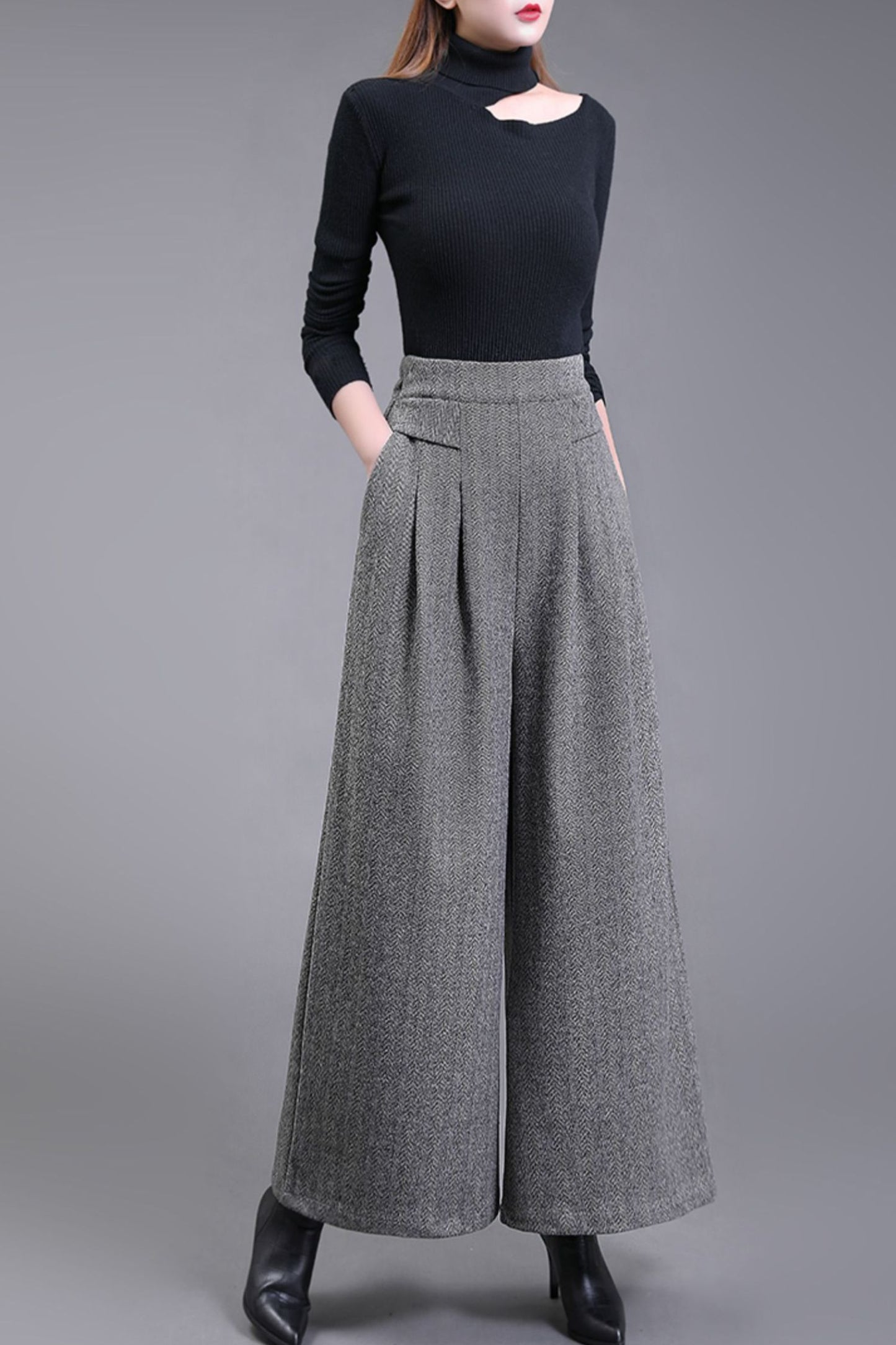 Long wide leg winter wool pants c5085