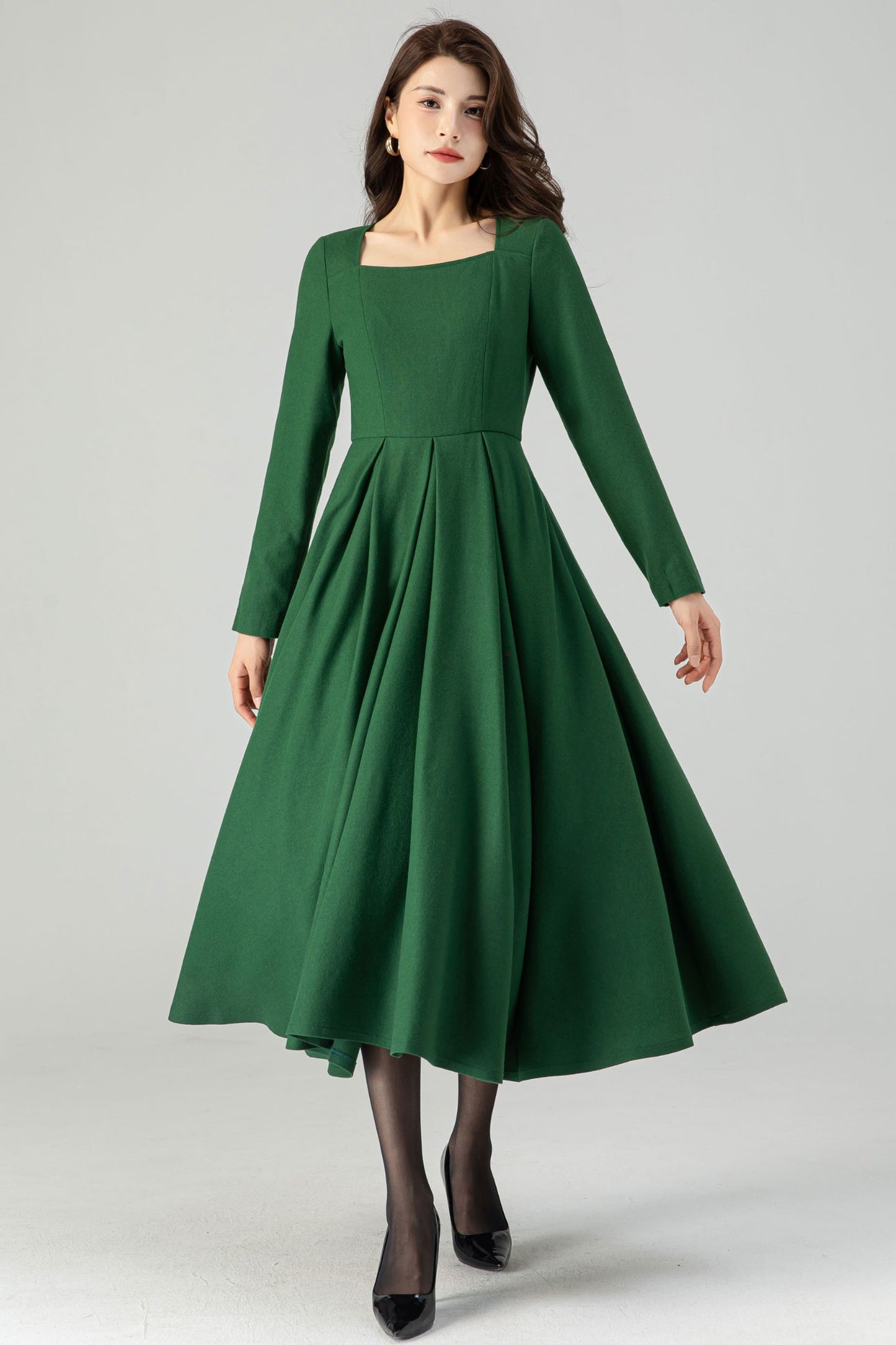 Green Wool Womens Winter Dresses C4336