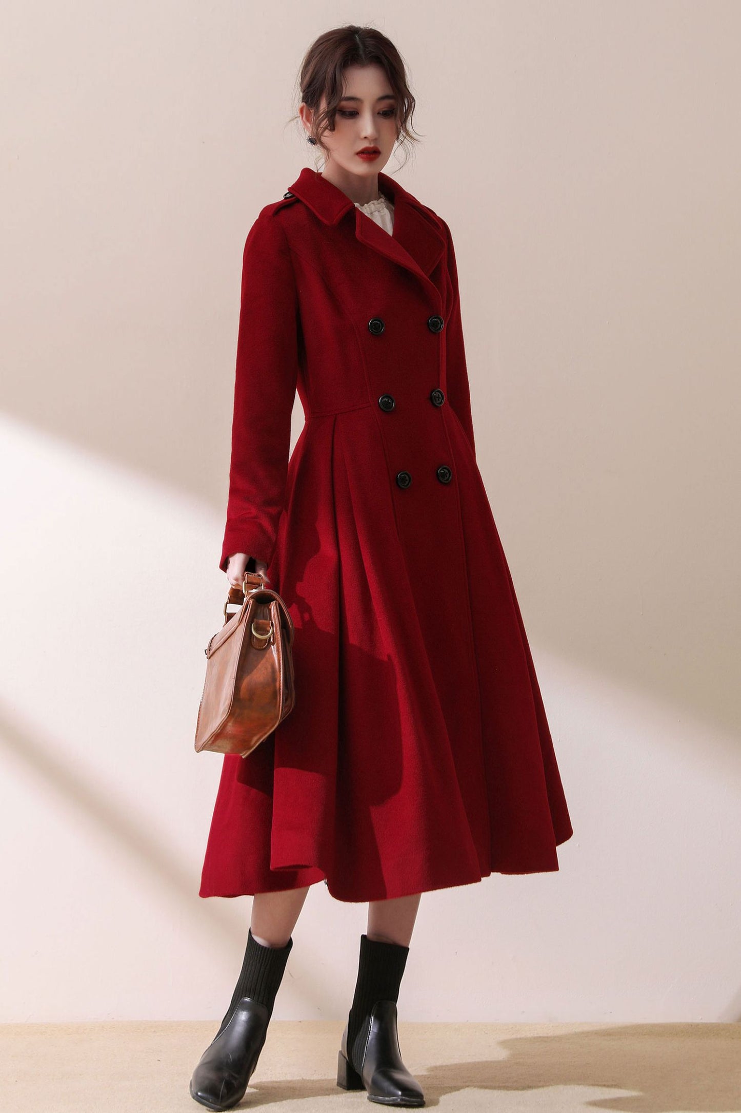 Burgundy Winter Swing Wool Coat C1792