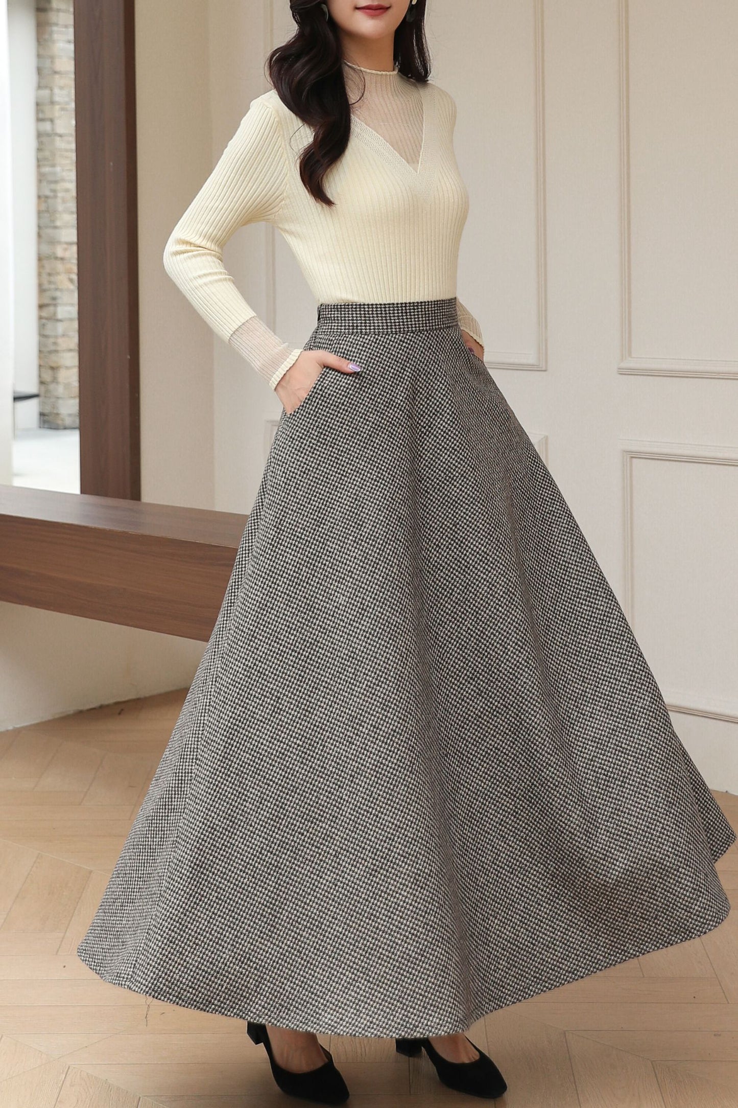Vintage Classic Long Maxi Plaid Wool Skirt C5190