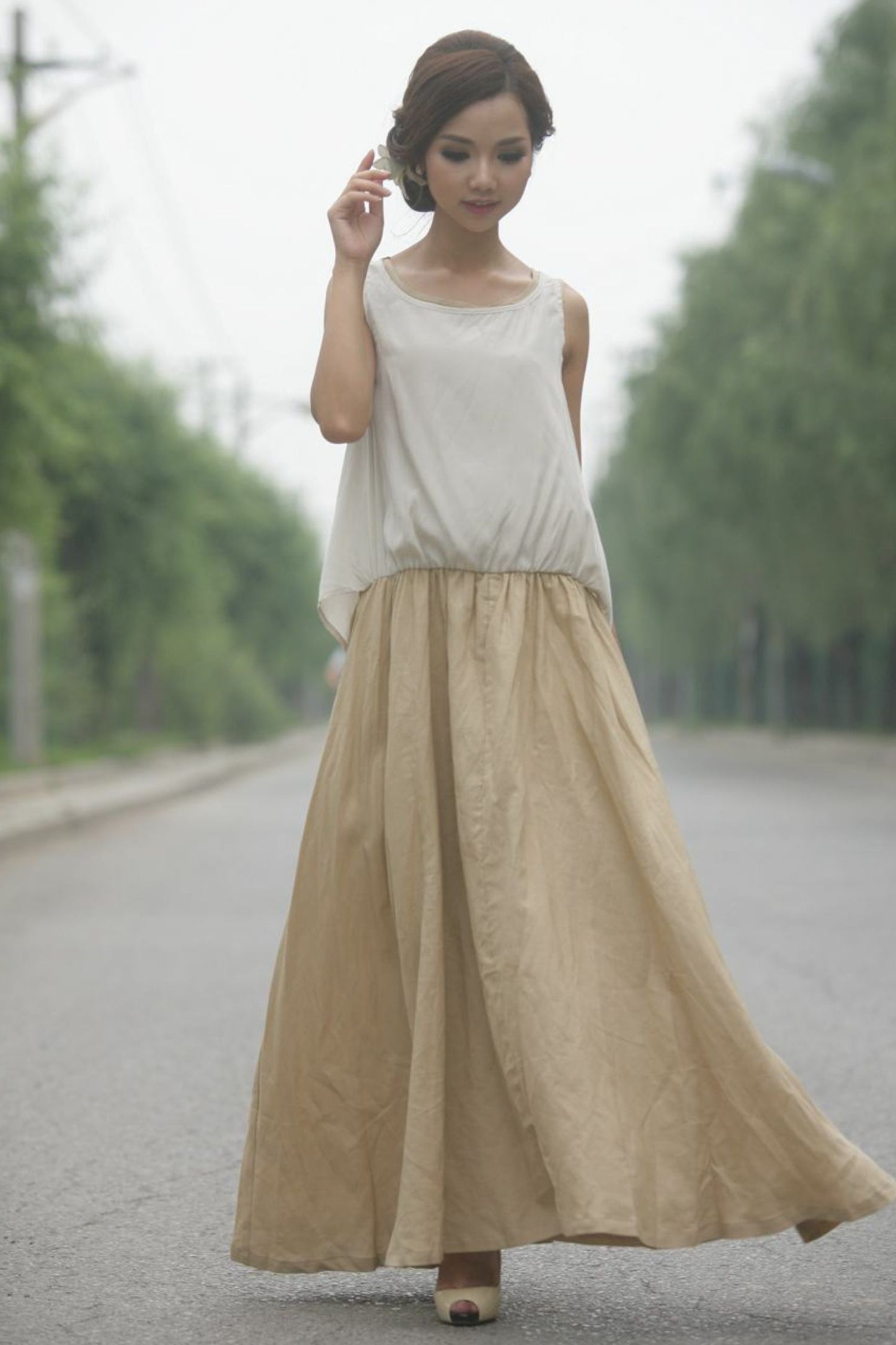Summer casual linen sleeveless maxi dress C153