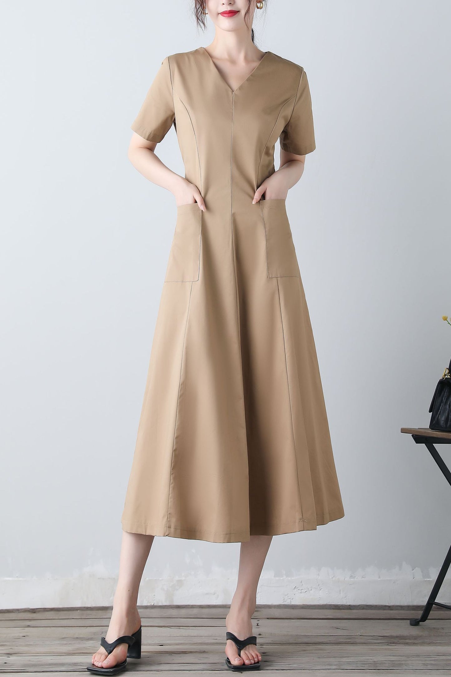 Women's v neck khaki dress C3454