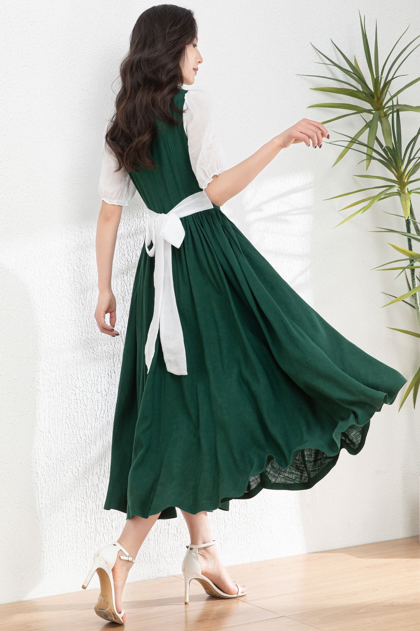 Womens dark green Linen midi Cottagecore Dress c4978