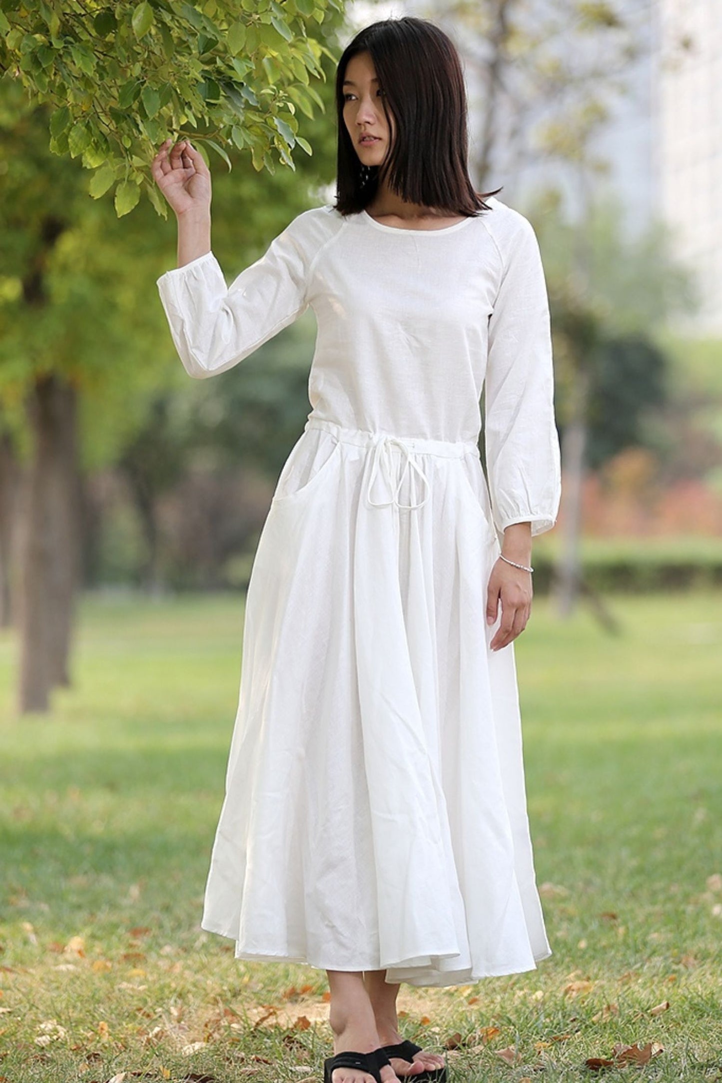 Drawstring Waist Long Sleeve White Dress C281