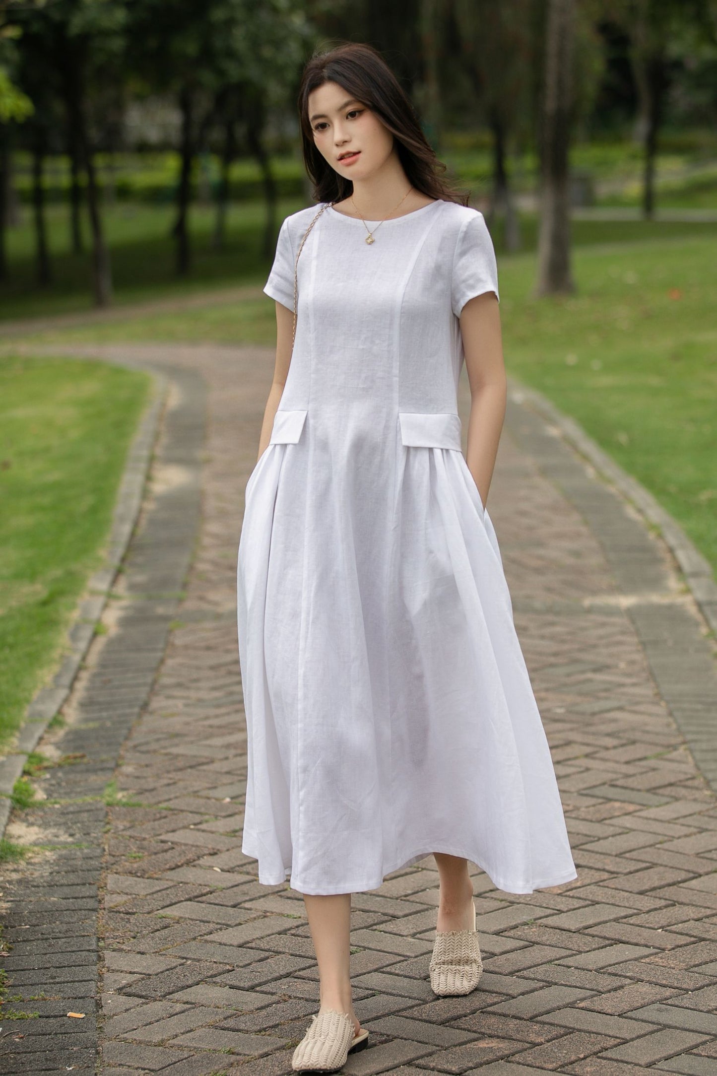 White Linen Midi Dress - Loose Fit with Pockets C4014