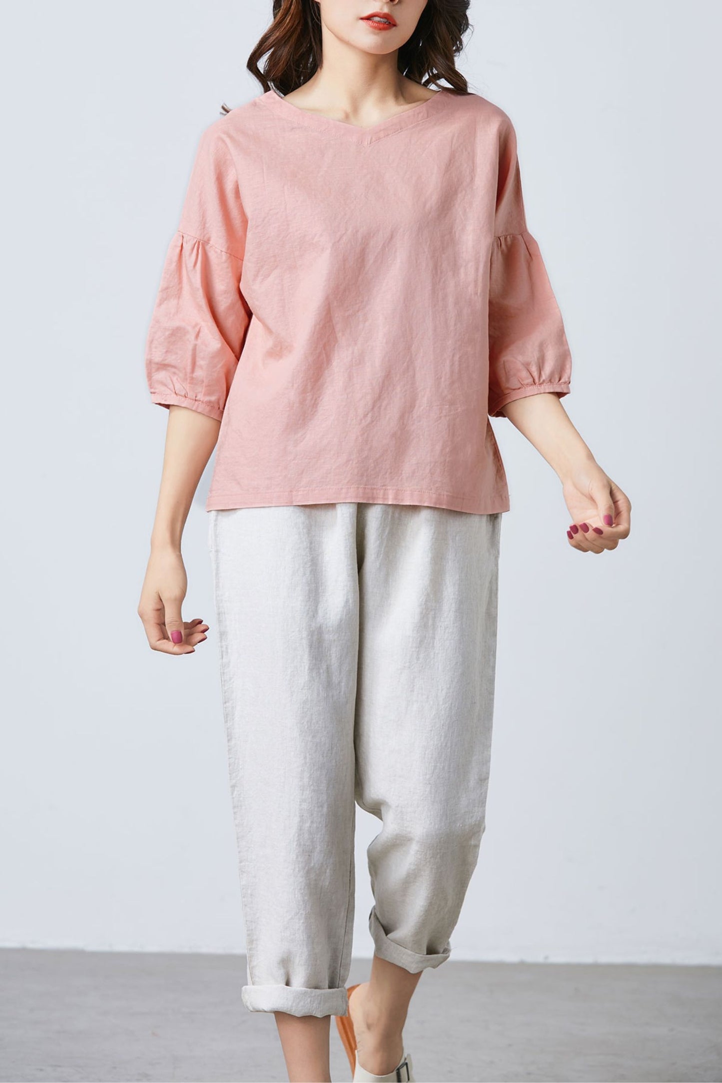 Women Leisure Linen Tops Summer V Neck Blouse C1682