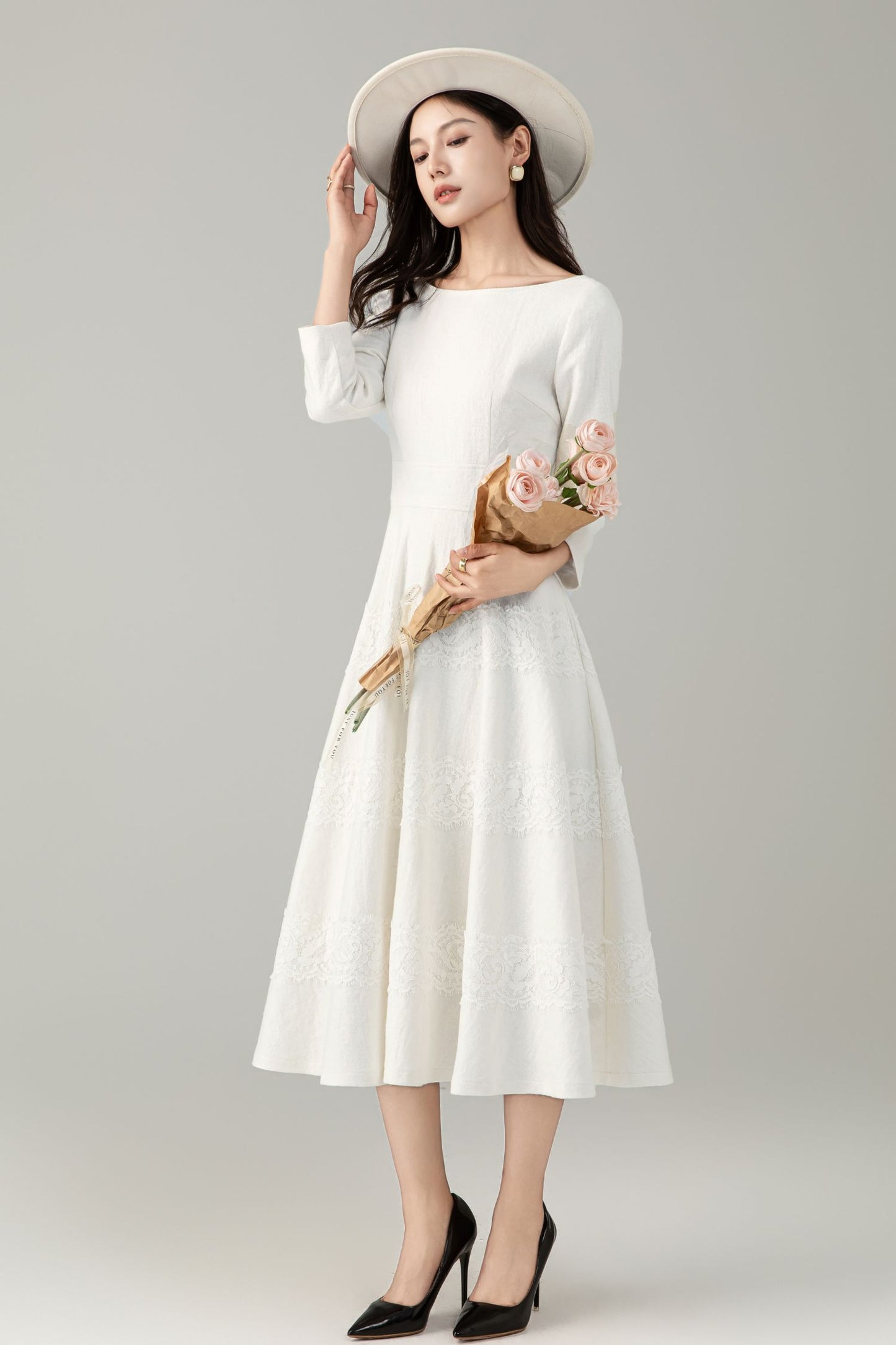 White prom wedding wool dress women C5242