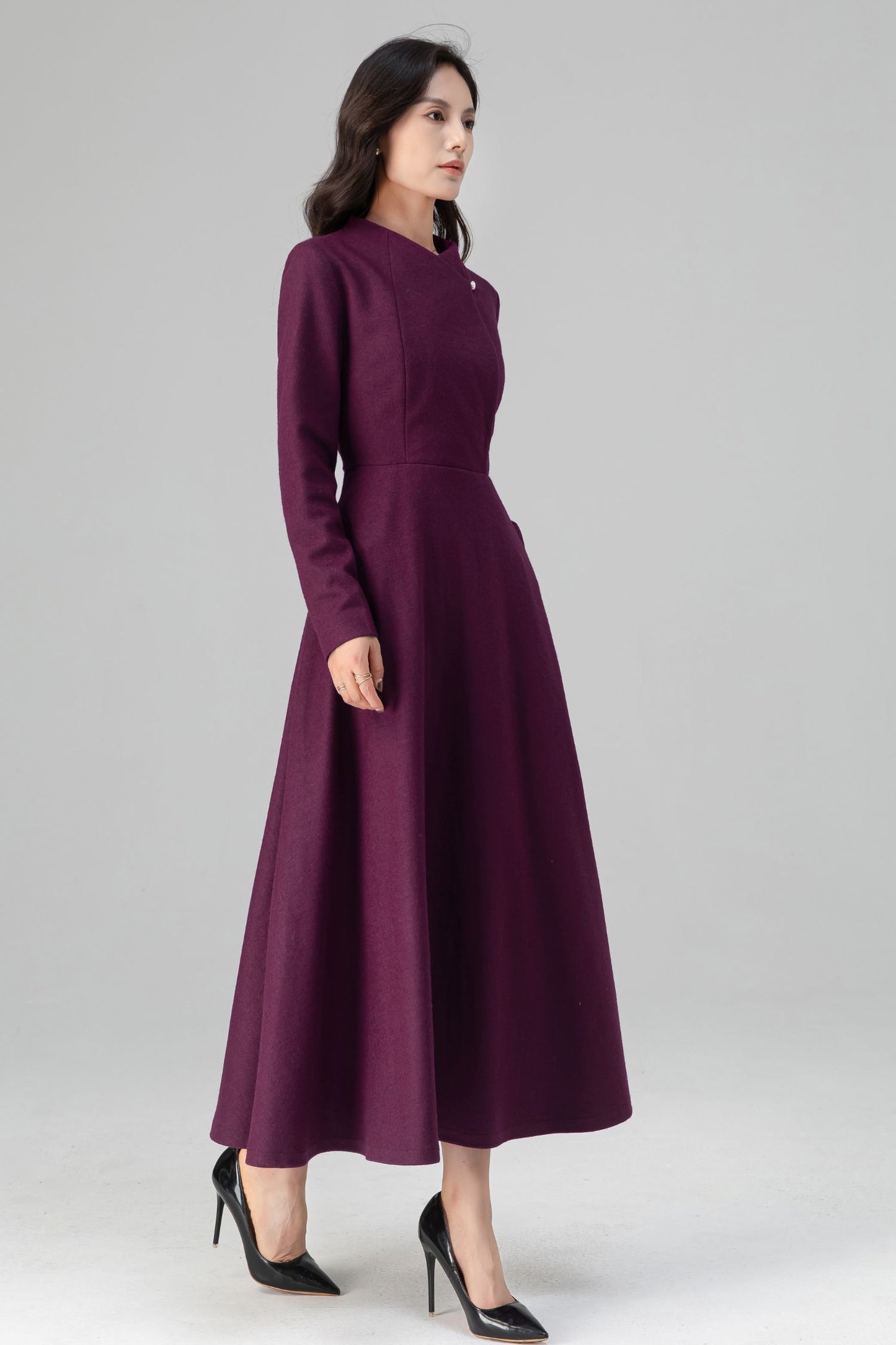 Winter Deep Purple Long Swing Wool Dress Women C5207