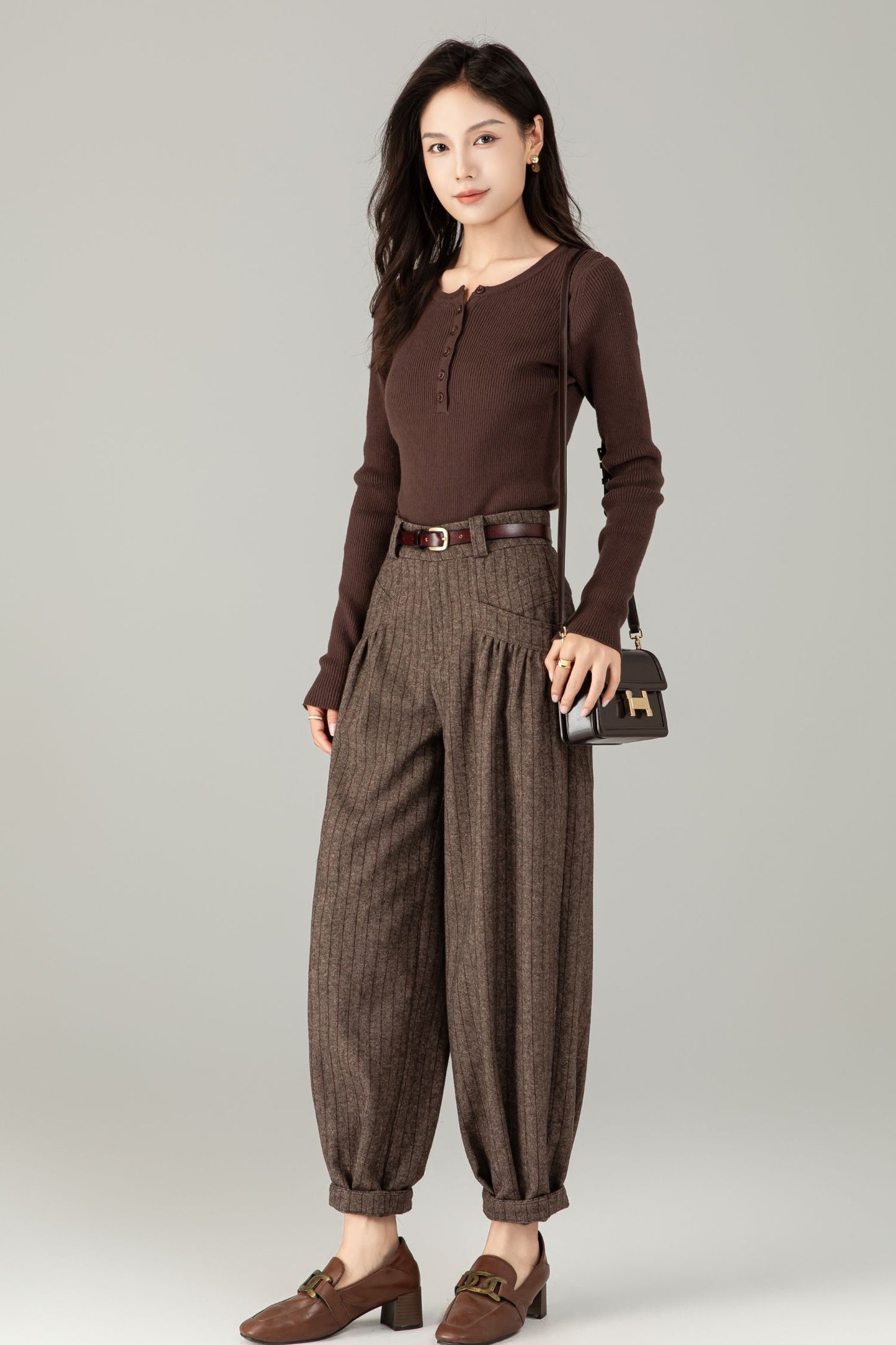 Brown Wool Striped Trousers - Classic Fit & Comfort | Winter Smart Casual Pants C5244